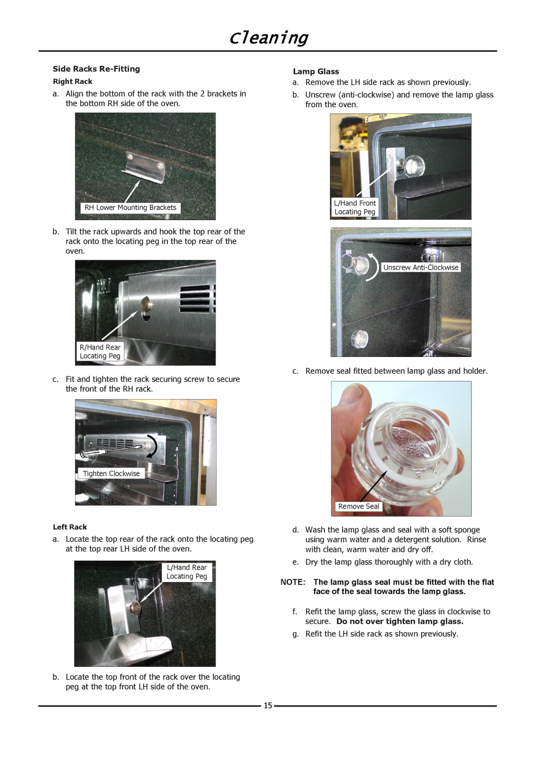 Moffat E32D5 operation manual Side Racks Re-Fitting, Lamp Glass 