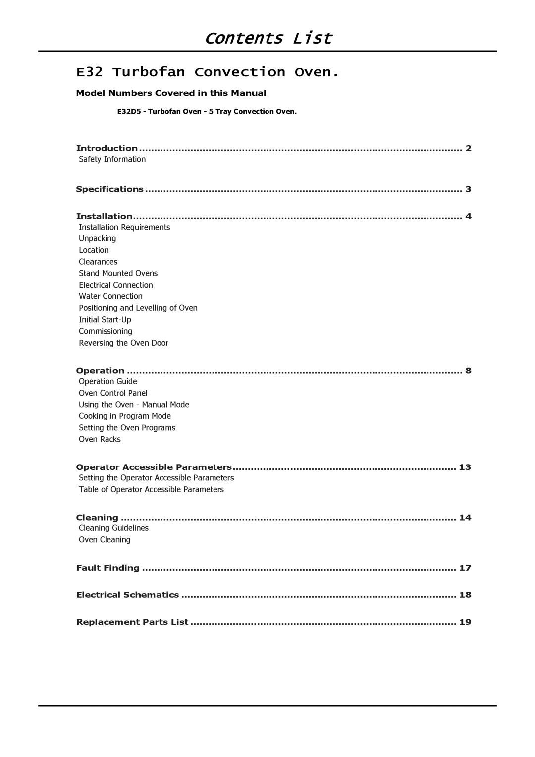 Moffat E32D5 operation manual Contents List 