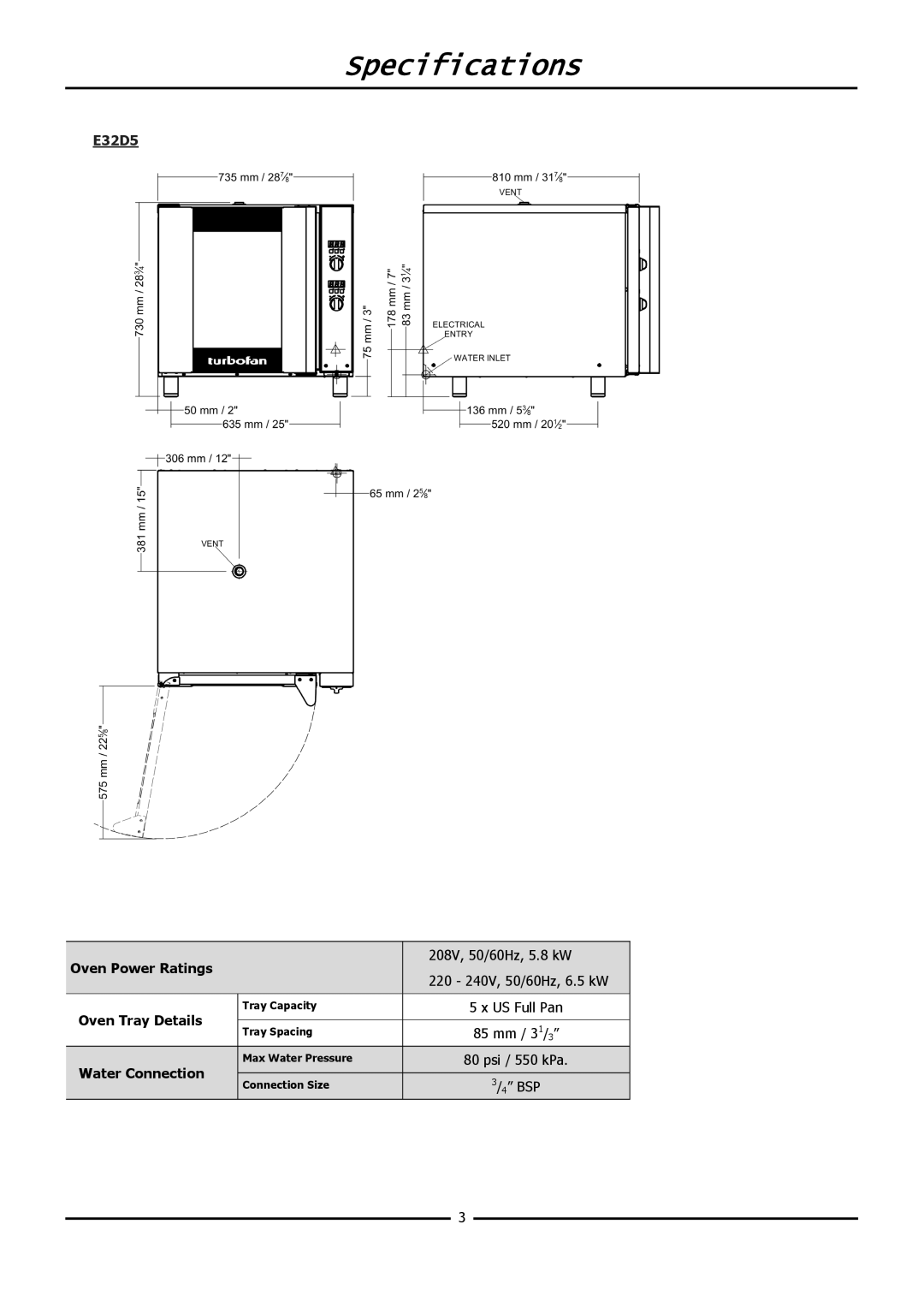 Moffat E32D5 operation manual Specifications, Oven Power Ratings, Oven Tray Details 