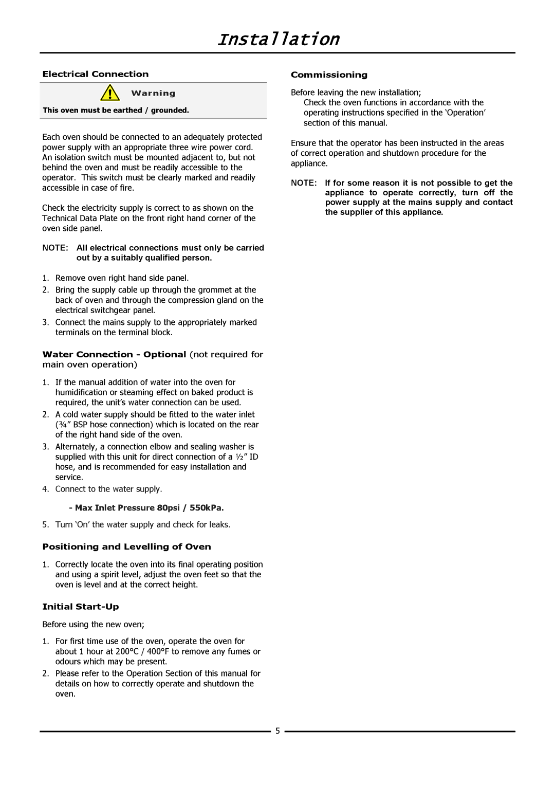 Moffat E32D5 operation manual Electrical Connection, Positioning and Levelling of Oven, Initial Start-Up, Commissioning 