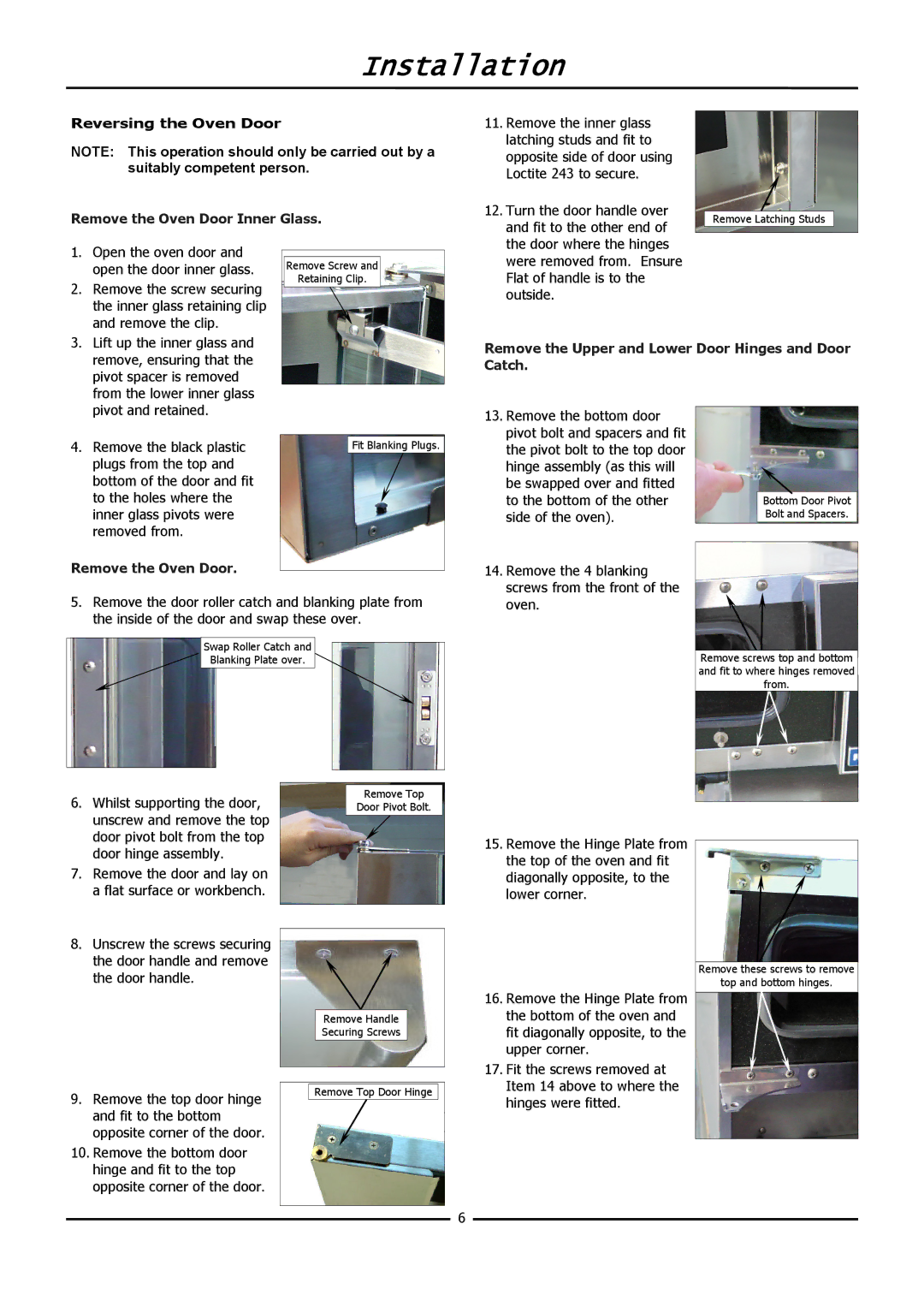 Moffat E32D5 operation manual Reversing the Oven Door, Remove the Oven Door Inner Glass 