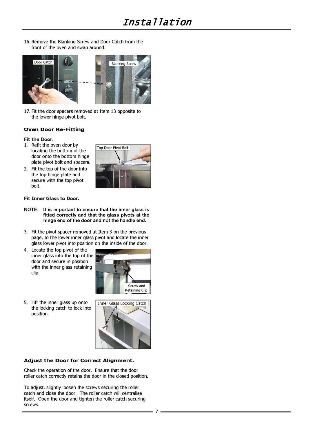 Moffat E32D5 Oven Door Re-Fitting, Fit the Door, Fit Inner Glass to Door, Adjust the Door for Correct Alignment 