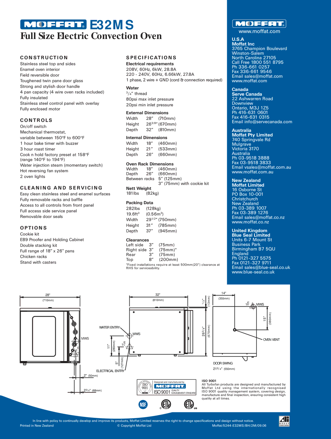 Moffat E32MS manual N S T R U C T I O N, N T R O L S, E a N I N G a N D S E R V I C I N G E C I F I C AT I O N S 