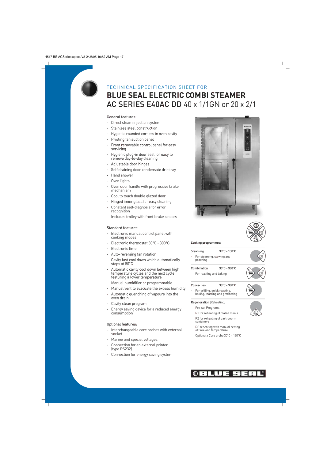 Moffat E40AC technical specifications Blue Seal Electric Combi Steamer, Cooking programmes 