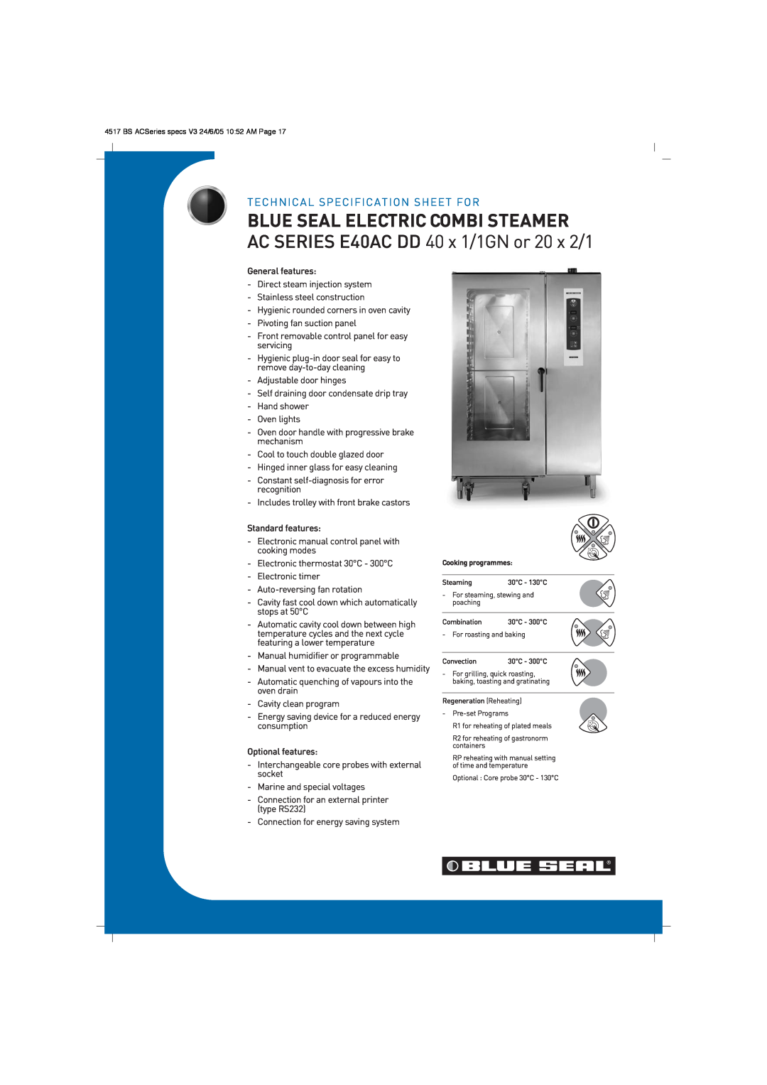 Moffat technical specifications Blue Seal Electric Combi Steamer, AC SERIES E40AC DD 40 x 1/1GN or 20 x 2/1 
