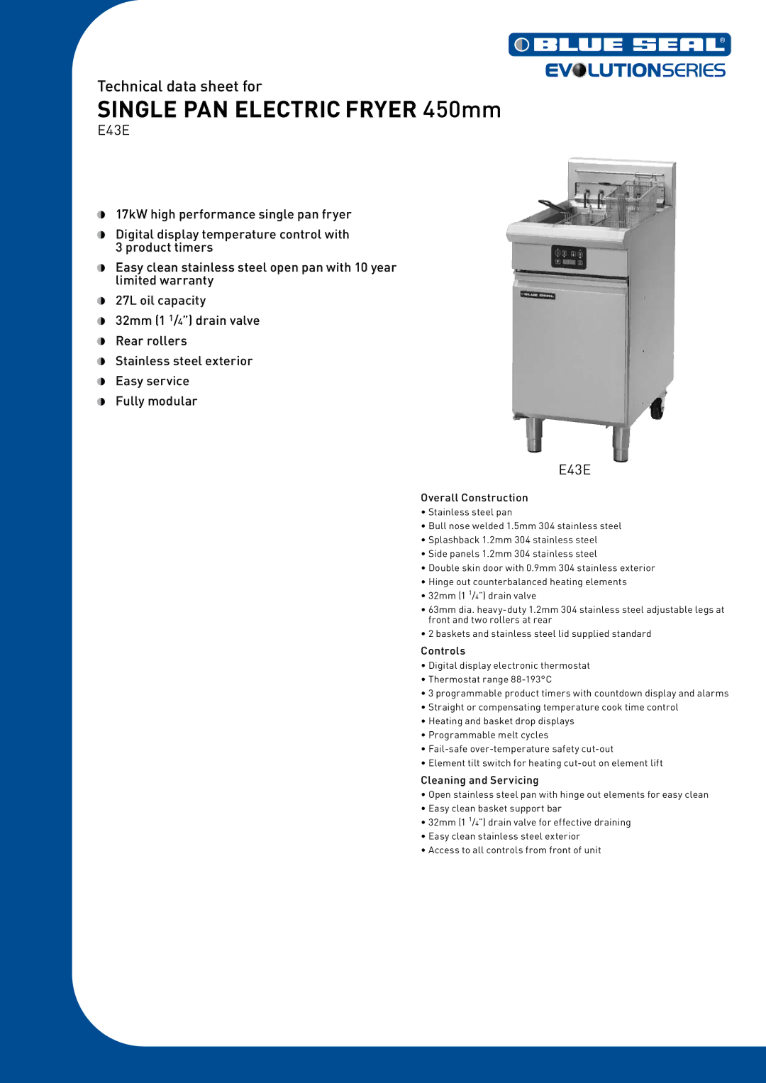 Moffat E43E warranty Single PAN Electric Fryer 450mm, Overall Construction, Controls, Cleaning and Servicing 