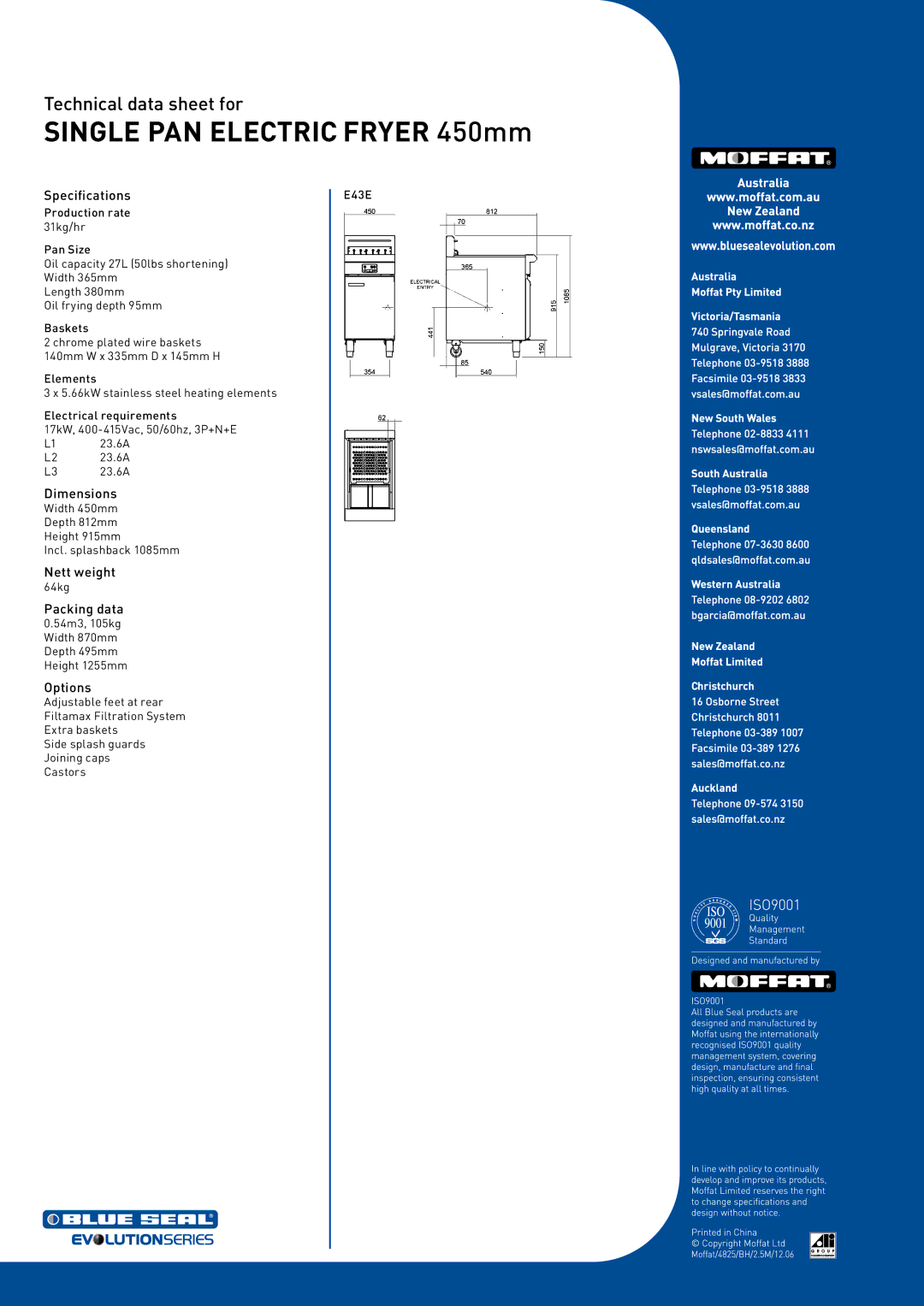 Moffat E43E warranty Specifications, Dimensions, Nett weight, Packing data, Options 