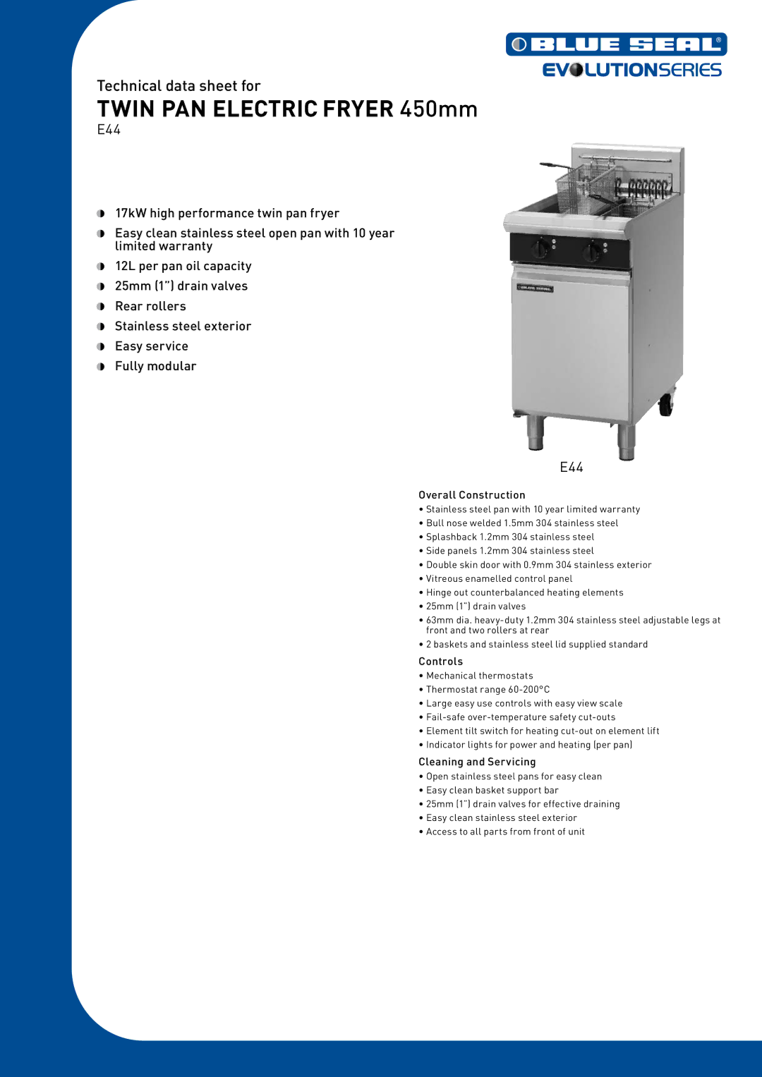 Moffat E44 warranty Twin PAN Electric Fryer 450mm, Overall Construction, Controls, Cleaning and Servicing 