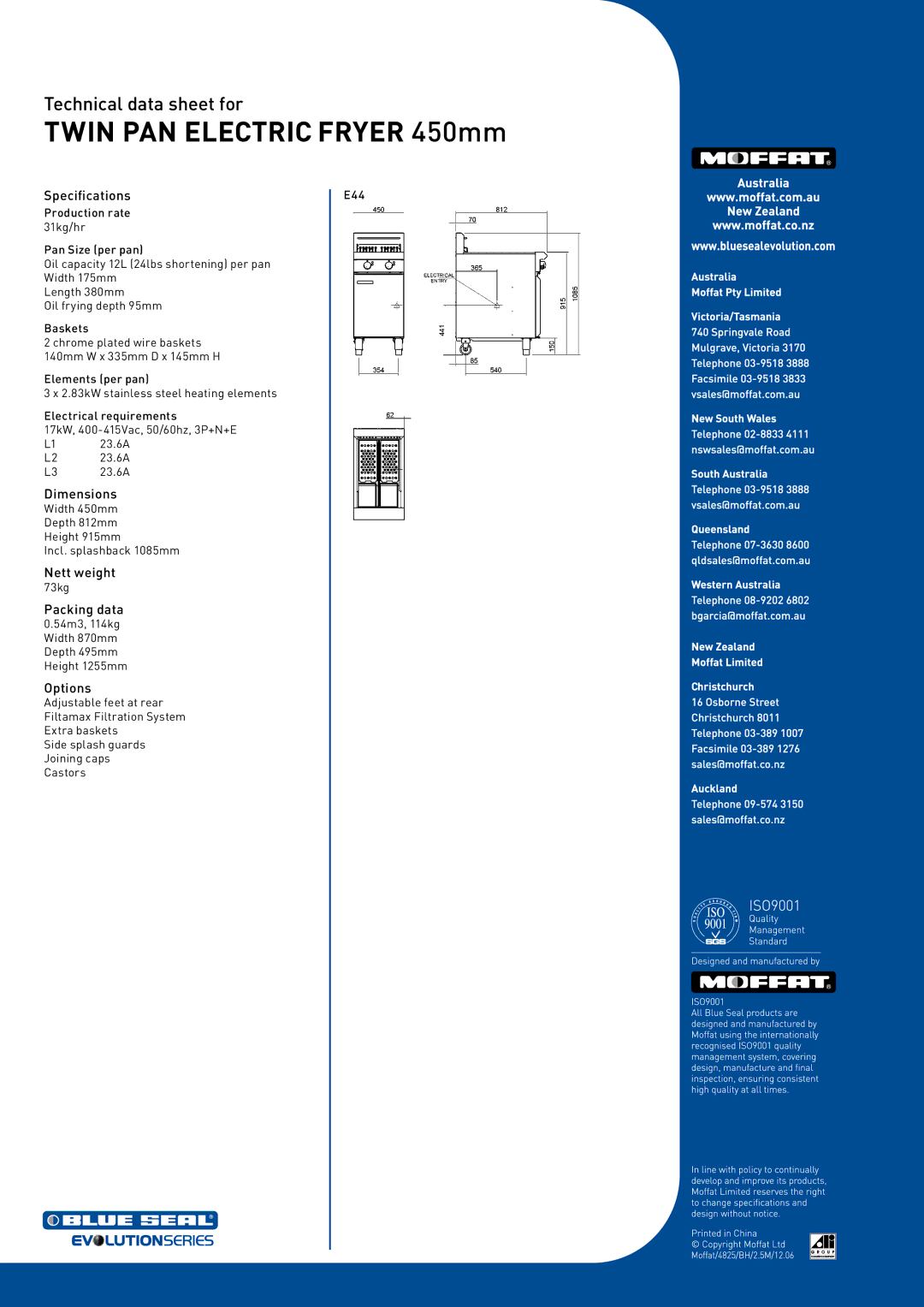 Moffat E44 warranty Specifications, Dimensions, Nett weight, Packing data, Options 