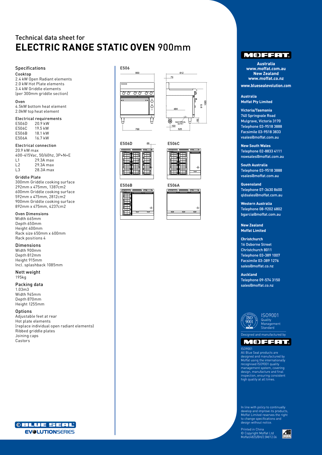 Moffat E506D, E506A, E506C, E506B manual Specifications, Dimensions, Nett weight, Packing data, Options 