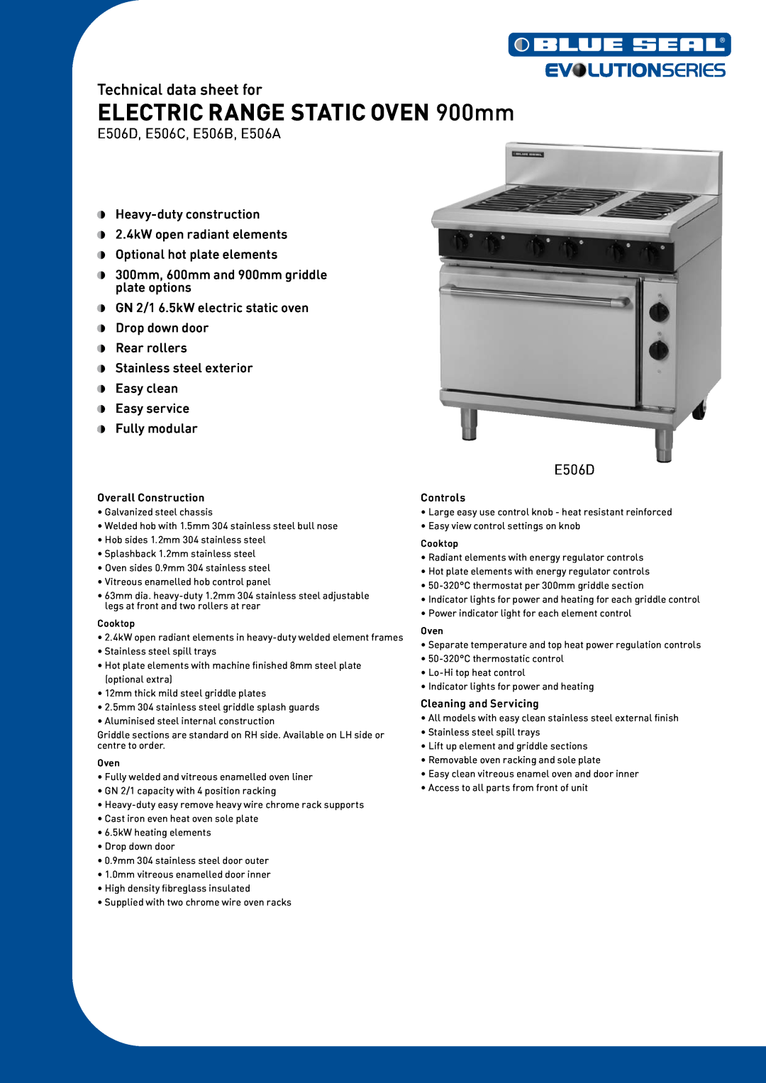 Moffat E506C manual ELECTRIC RANGE STATIC OVEN 900mm, Technical data sheet for, Overall Construction, Controls, E506D 