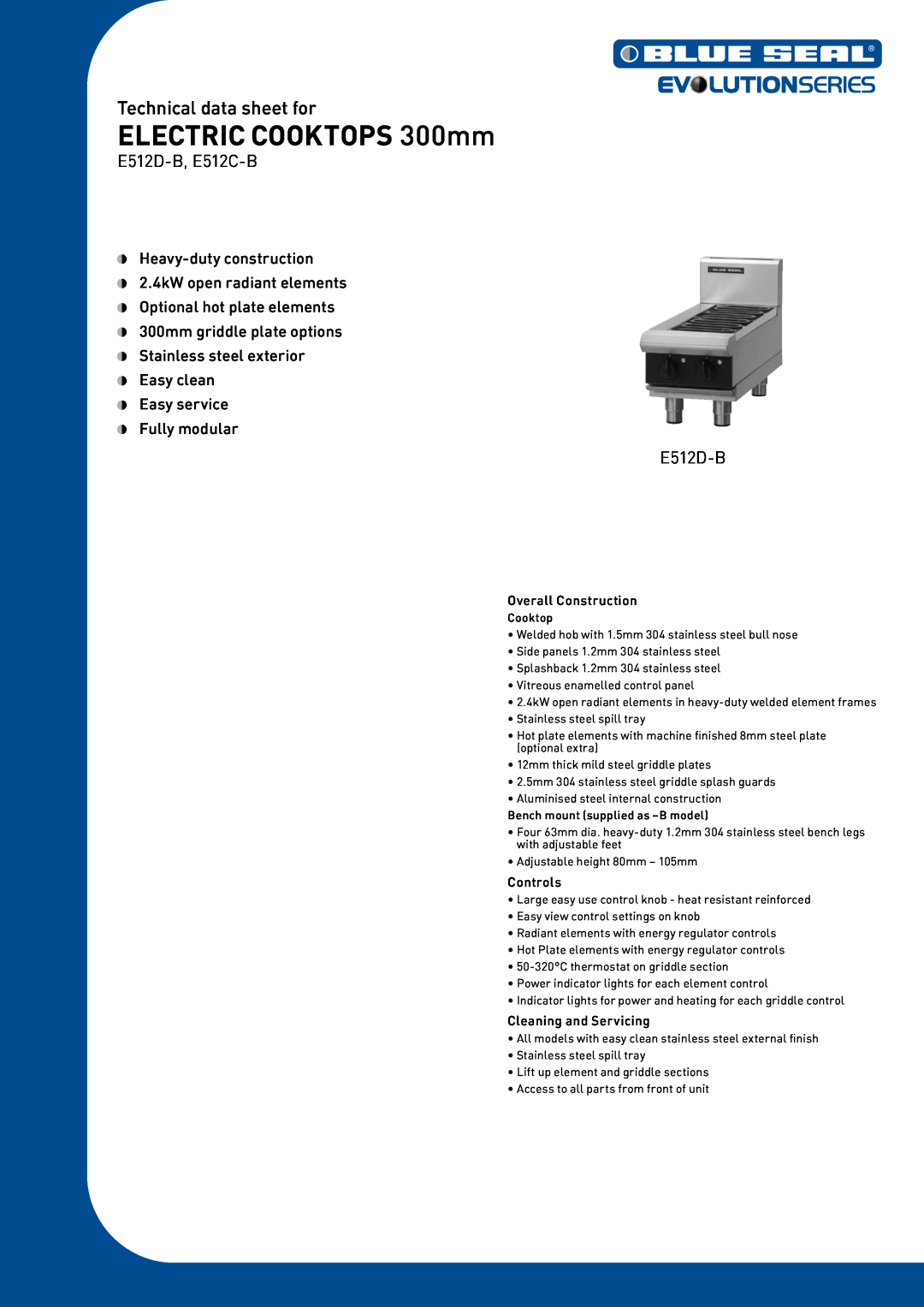 Moffat manual ELECTRIC COOKTOPS 300mm, Technical data sheet for, Overall Construction, Controls, E512D-B, E512C-B 