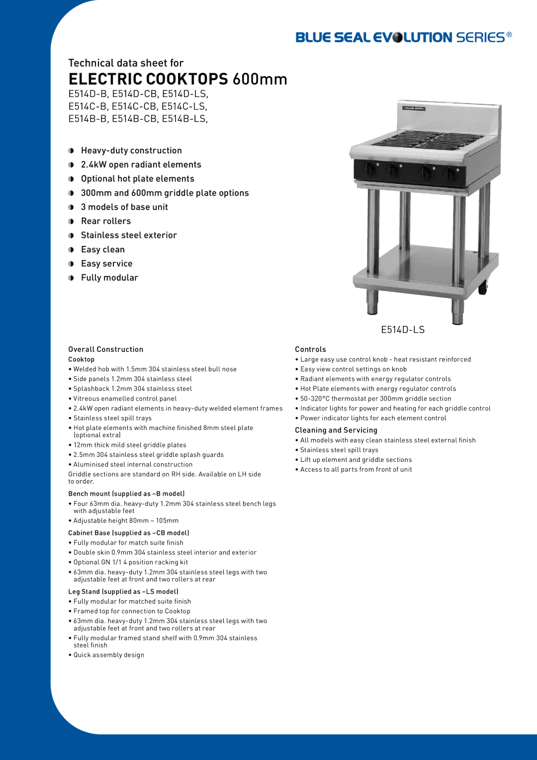 Moffat E514D-LS, E514D-CB, E514B-CB manual Electric Cooktops 600mm, Overall Construction, Controls, Cleaning and Servicing 