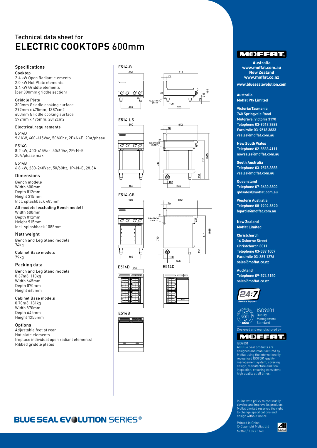 Moffat E514B-CB, E514D-CB, E514D-LS, E514C-CB, E514B-B, E514C-B Specifications, Dimensions, Nett weight, Packing data, Options 