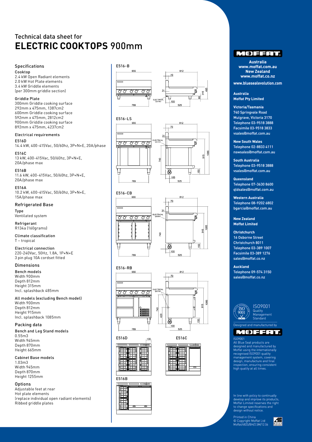 Moffat E516A-LS, E516B-CB, E516D-CB, E516A-CB, E516C-RB Specifications, Refrigerated Base, Dimensions, Packing data, Options 