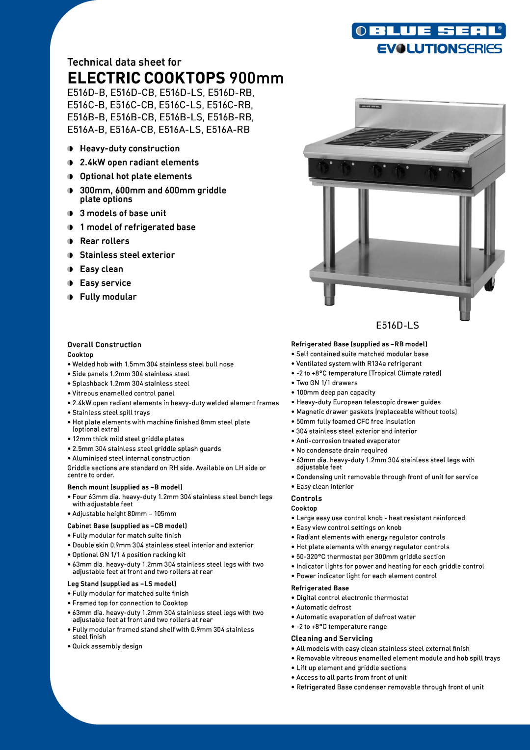 Moffat E516D-CB manual ELECTRIC COOKTOPS 900mm, Technical data sheet for, Overall Construction, Controls, E516D-LS 