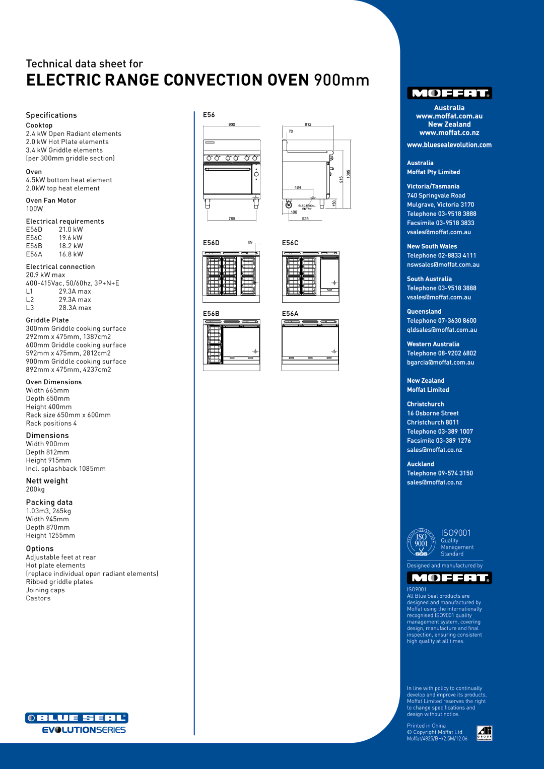 Moffat E56D, E56B, E56A, E56C manual Specifications, Dimensions, Nett weight, Packing data, Options 