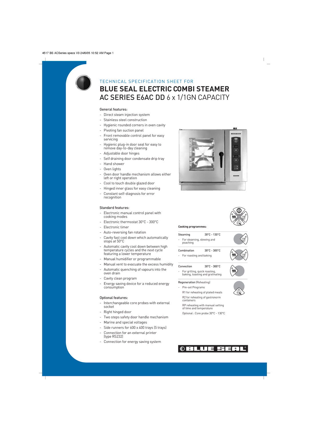 Moffat E6AC technical specifications Blue Seal Electric Combi Steamer, Cooking programmes 