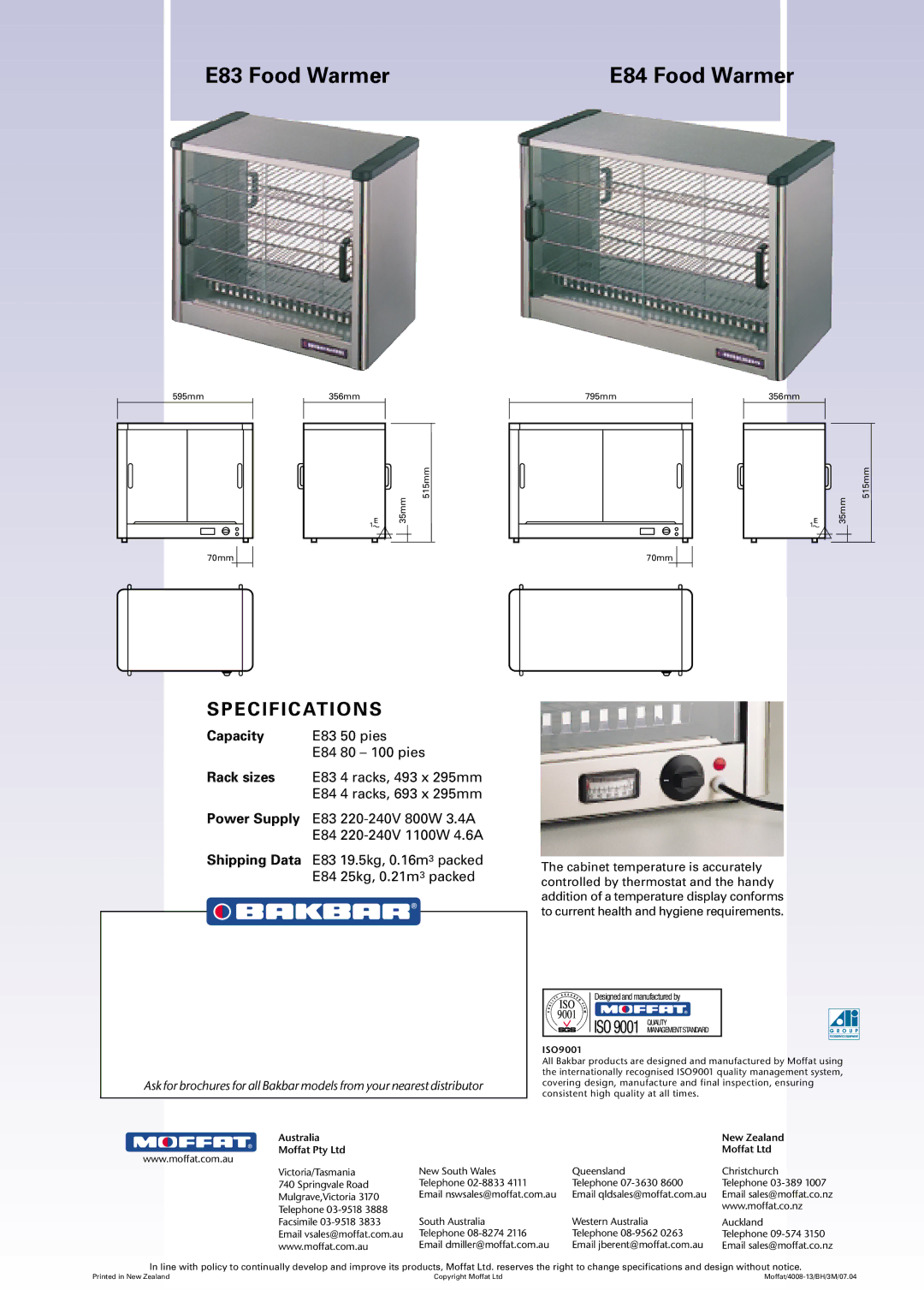 Moffat manual E83 Food Warmer E84 Food Warmer, E C I F I C At I O N S 