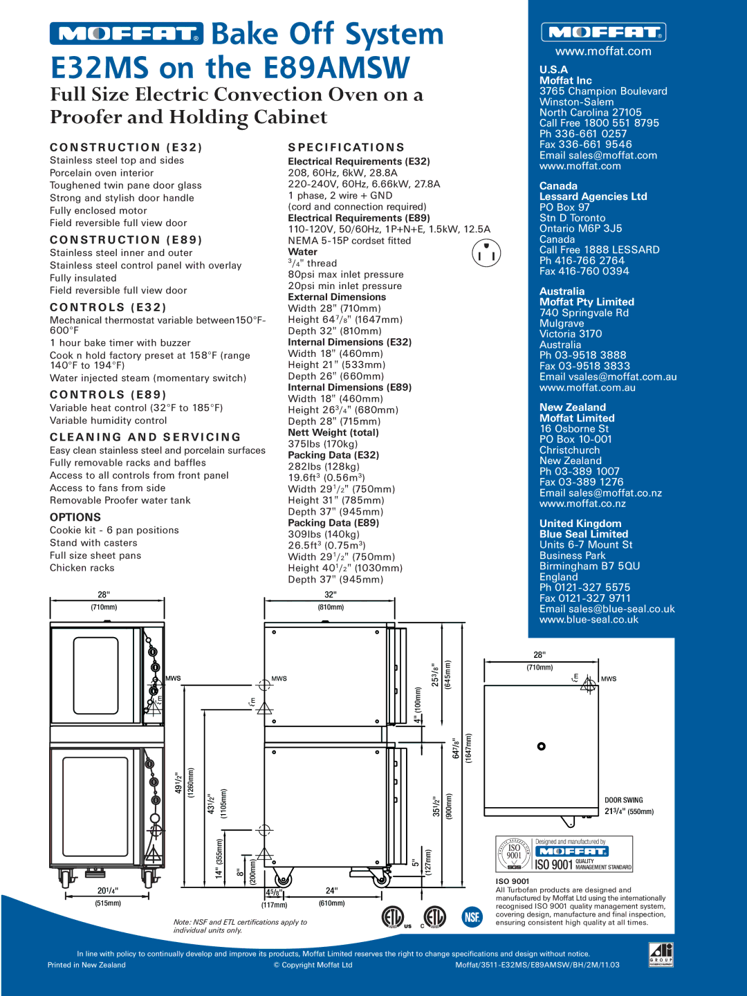 Moffat E89AMSW specifications E a N I N G a N D S E R V I C I N G, Options, E C I F I C At I O N S 