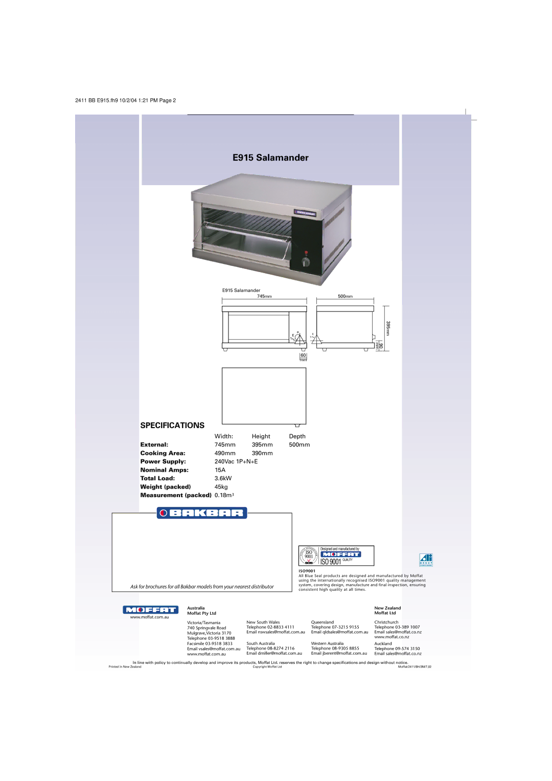 Moffat specifications E915 Salamander, Specifications, ISO 9001 Quality, Australia New Zealand, ISO9001 