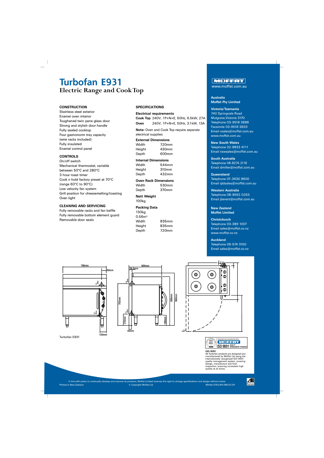 Moffat E931 manual Construction, Controls, Cleaning and Servicing, Specifications 