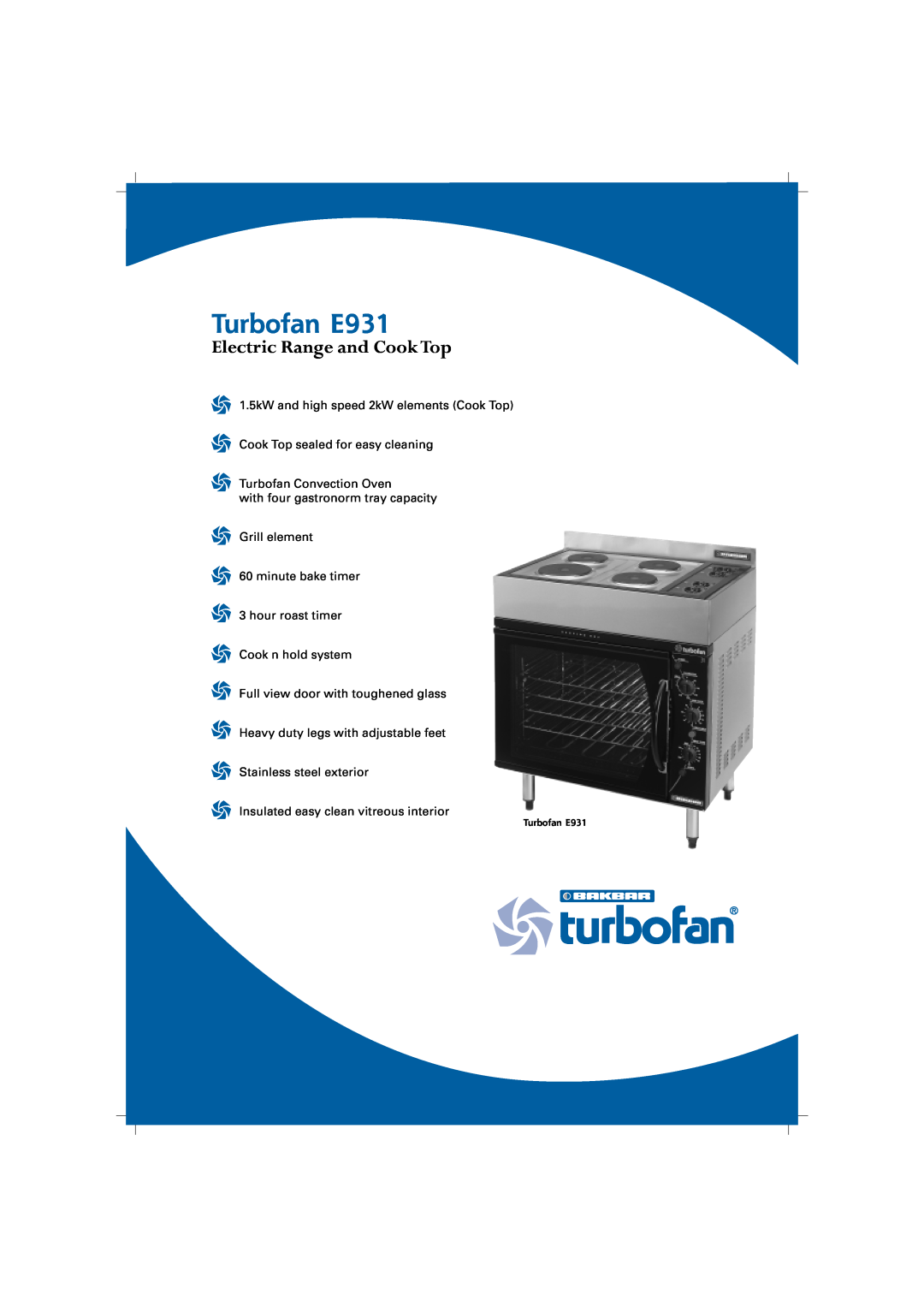 Moffat manual Turbofan E931, Electric Range and Cook Top, 1.5kW and high speed 2kW elements Cook Top 