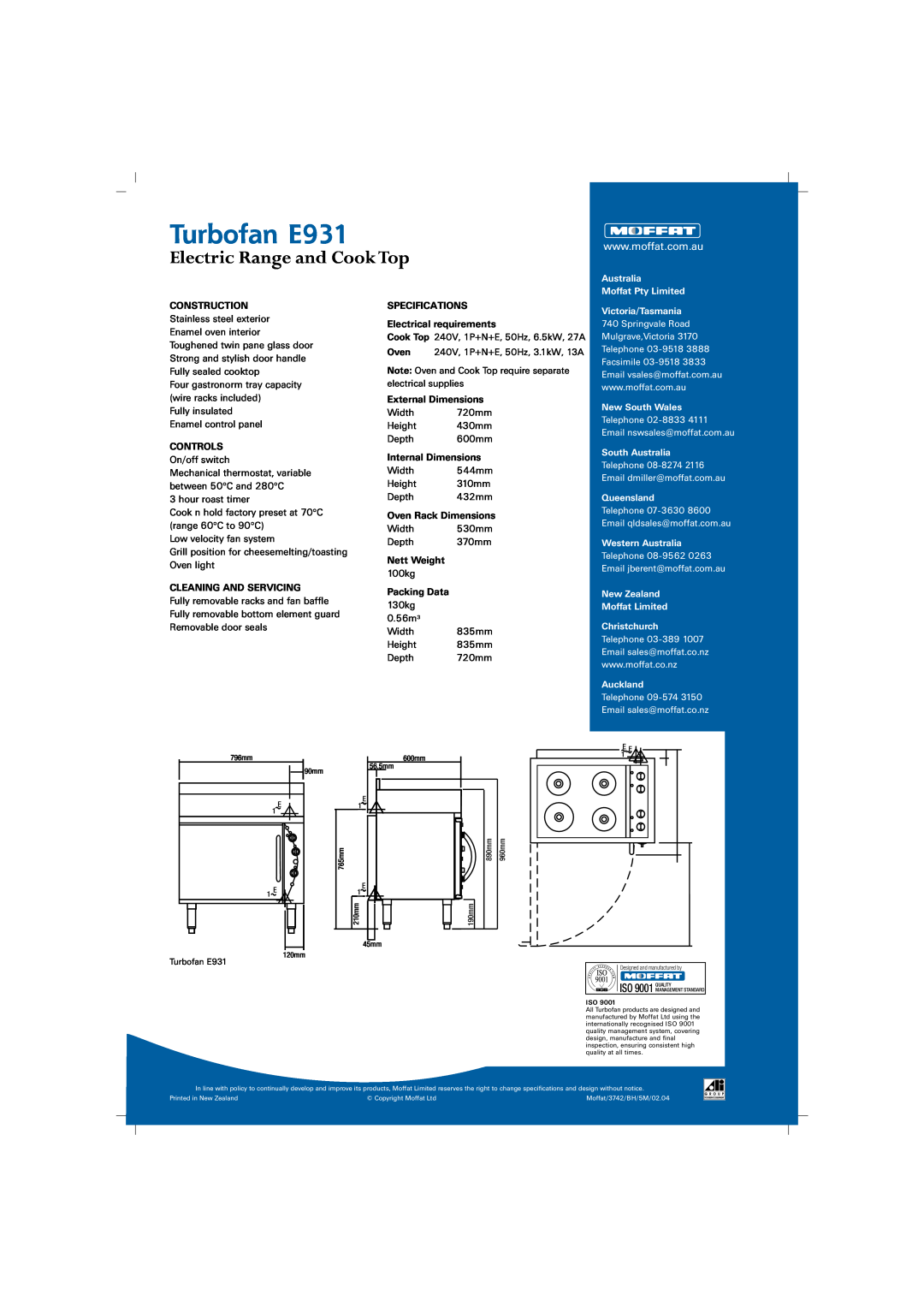 Moffat Turbofan E931, Electric Range and Cook Top, ISO 9001 QUALITY, Construction, Controls, Cleaning And Servicing 