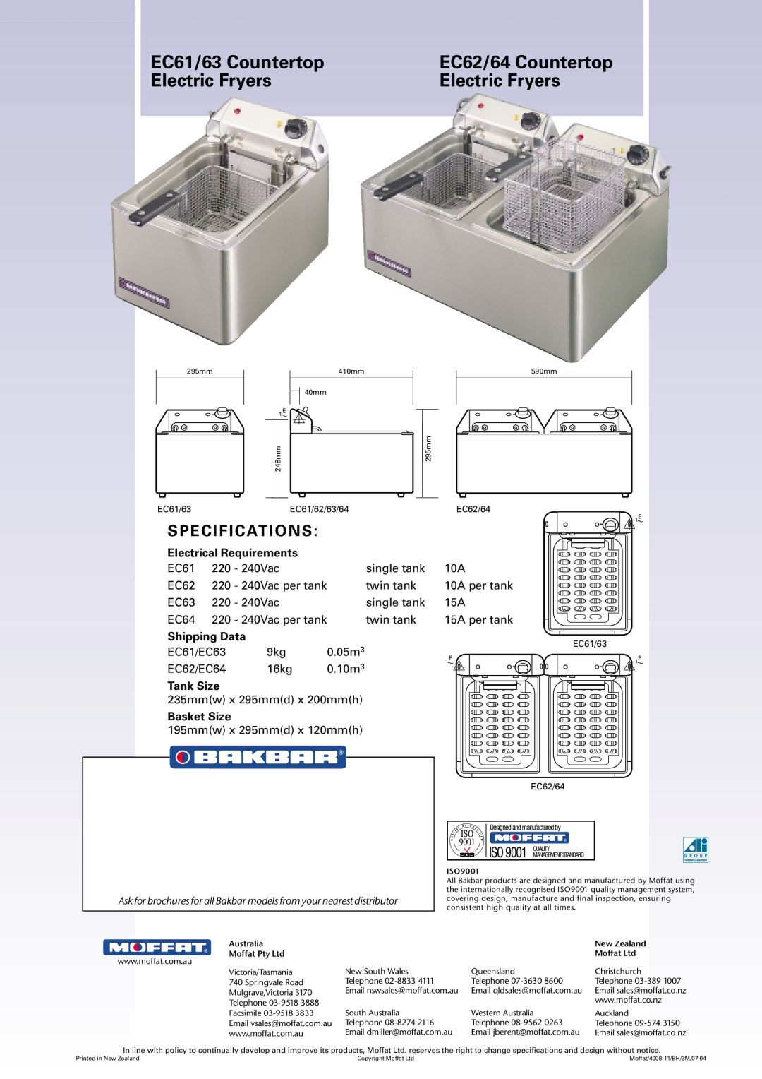 Moffat EC64, EC63 manual EC61/63 Countertop EC62/64 Countertop Electric Fryers, E C I F I C At I O N S 