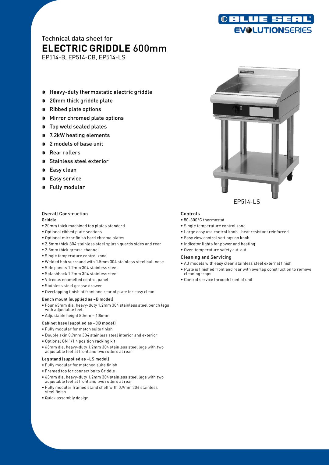 Moffat manual Electric Griddle 600mm, EP514-B, EP514-CB, EP514-LS, Overall Construction Controls 