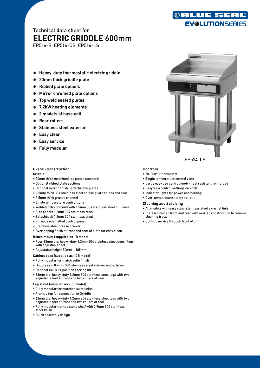 Moffat manual ELECTRIC GRIDDLE 600mm, Technical data sheet for, EP514-B, EP514-CB, EP514-LS 