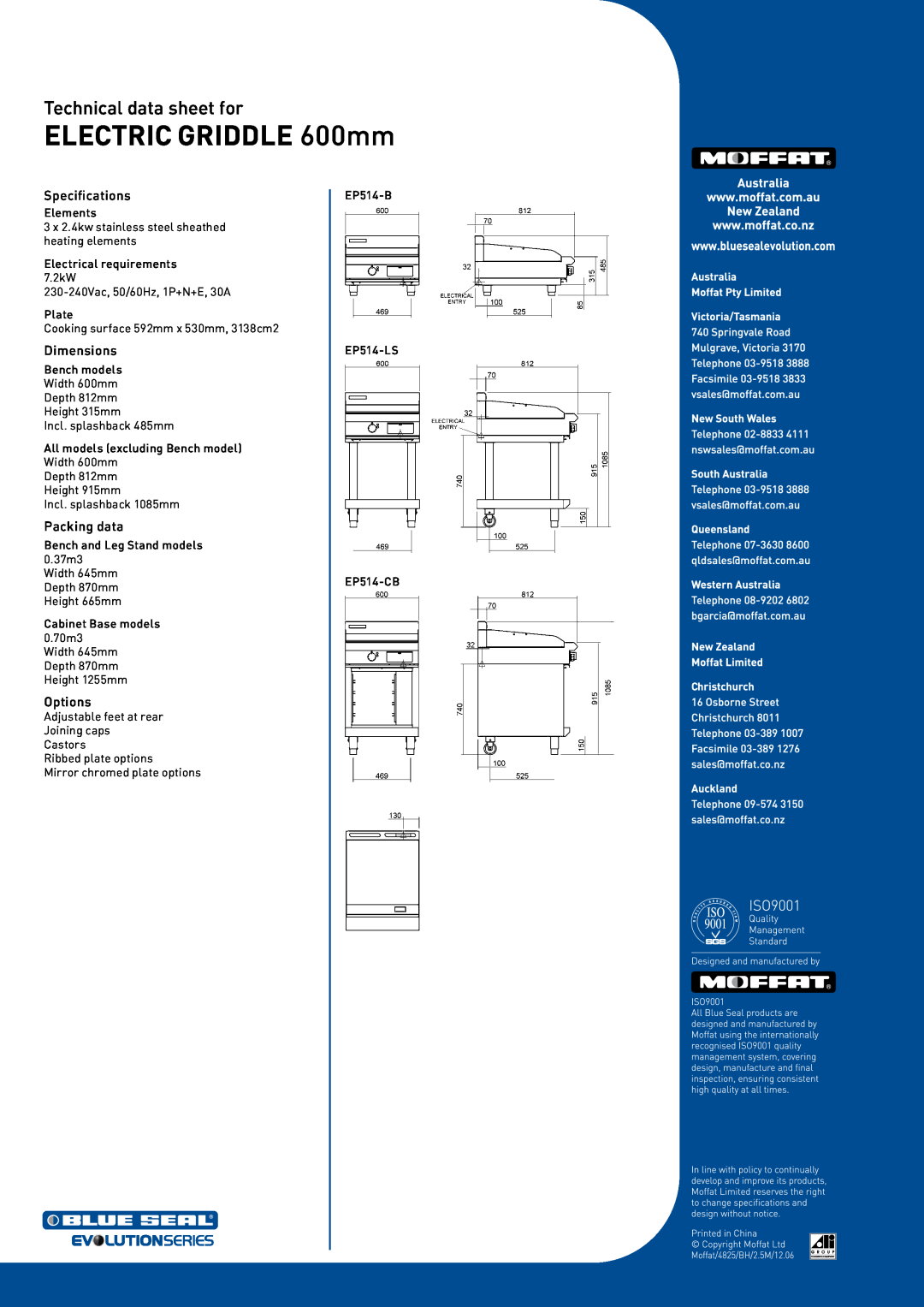 Moffat EP514-LS manual ELECTRIC GRIDDLE 600mm, Technical data sheet for, Specifications, Dimensions, Packing data, Options 