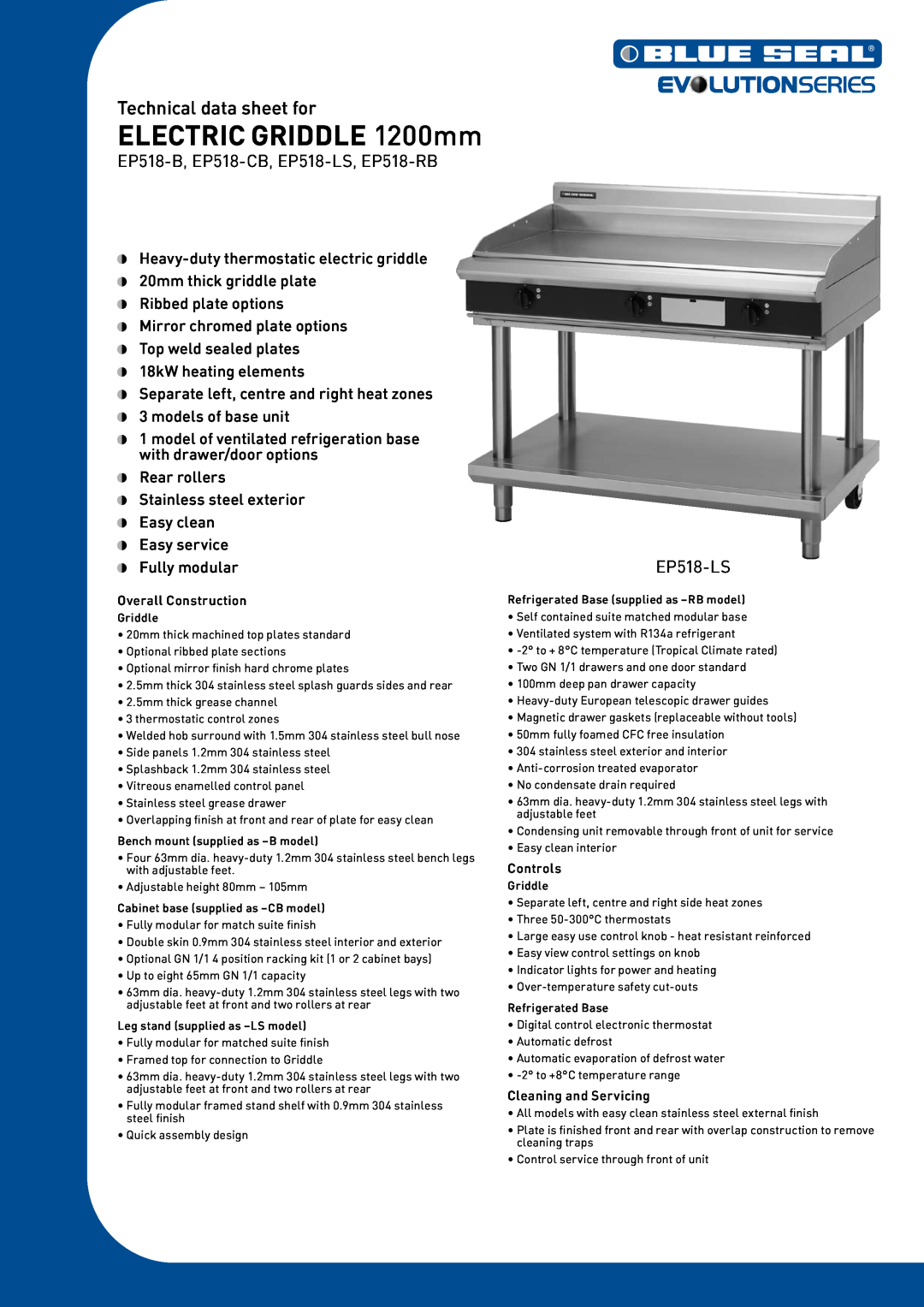 Moffat manual ELECTRIC GRIDDLE 1200mm, Technical data sheet for, EP518-B, EP518-CB, EP518-LS, EP518-RB 