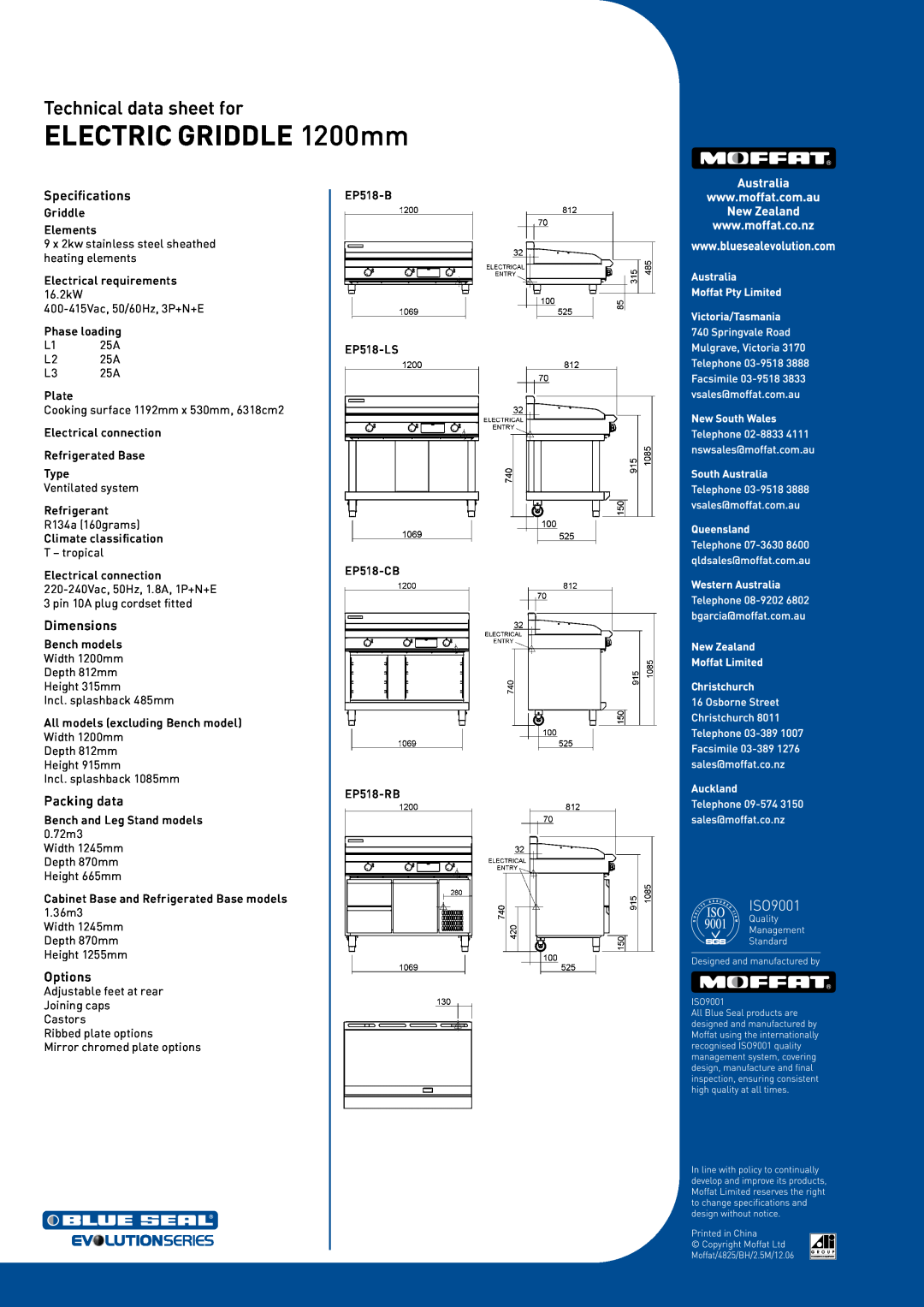 Moffat EP518-B manual ELECTRIC GRIDDLE 1200mm, Technical data sheet for, Specifications, Dimensions, Packing data, Options 