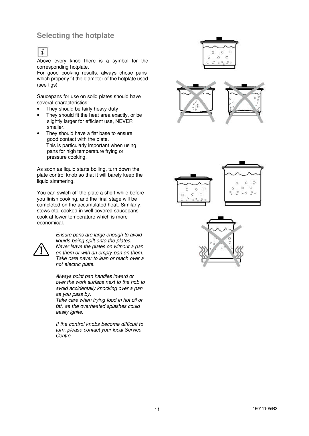 Moffat ESV5060W manual Selecting the hotplate 