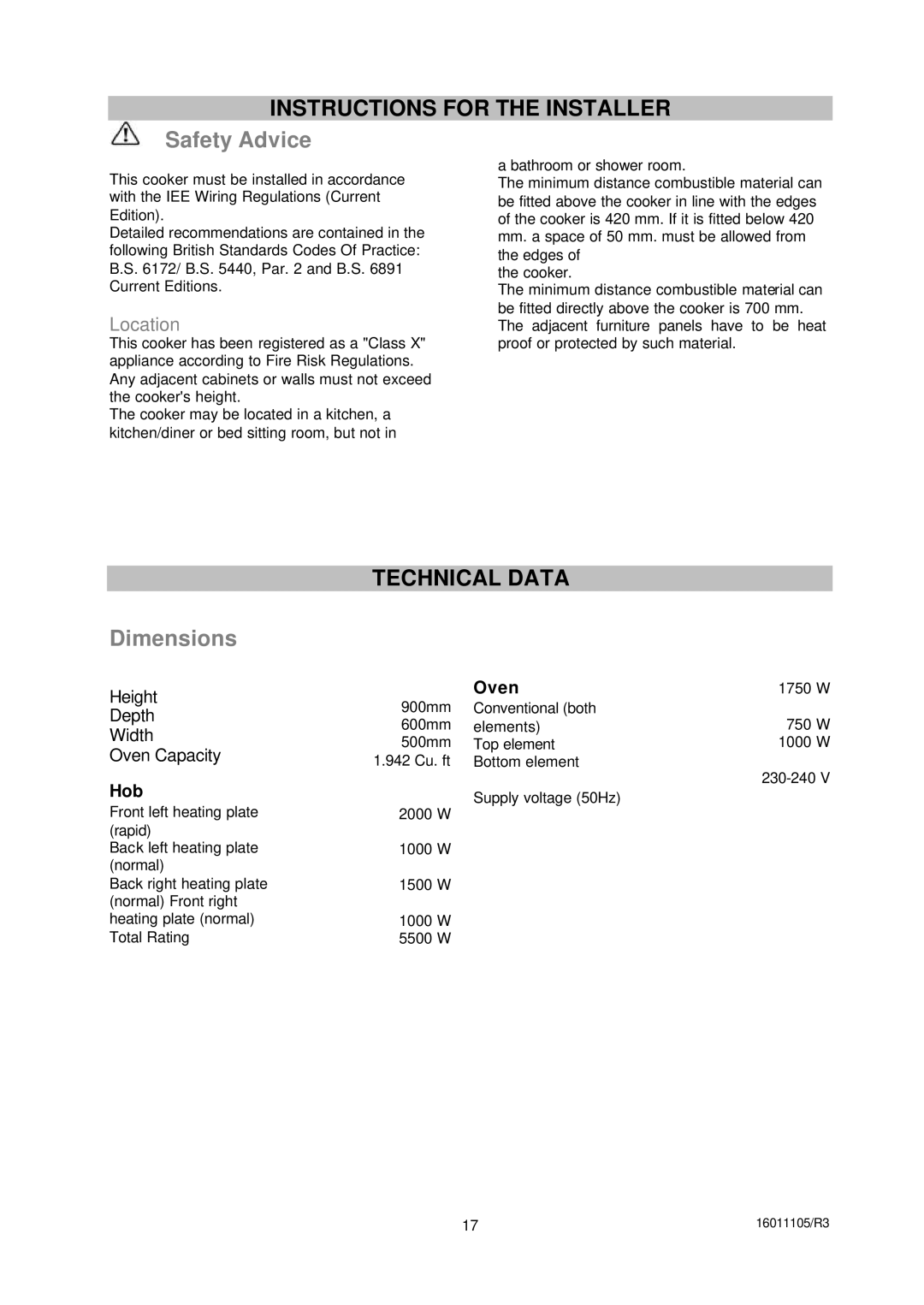 Moffat ESV5060W manual Instructions for the Installer, Safety Advice, Dimensions, Technical Data, Oven 