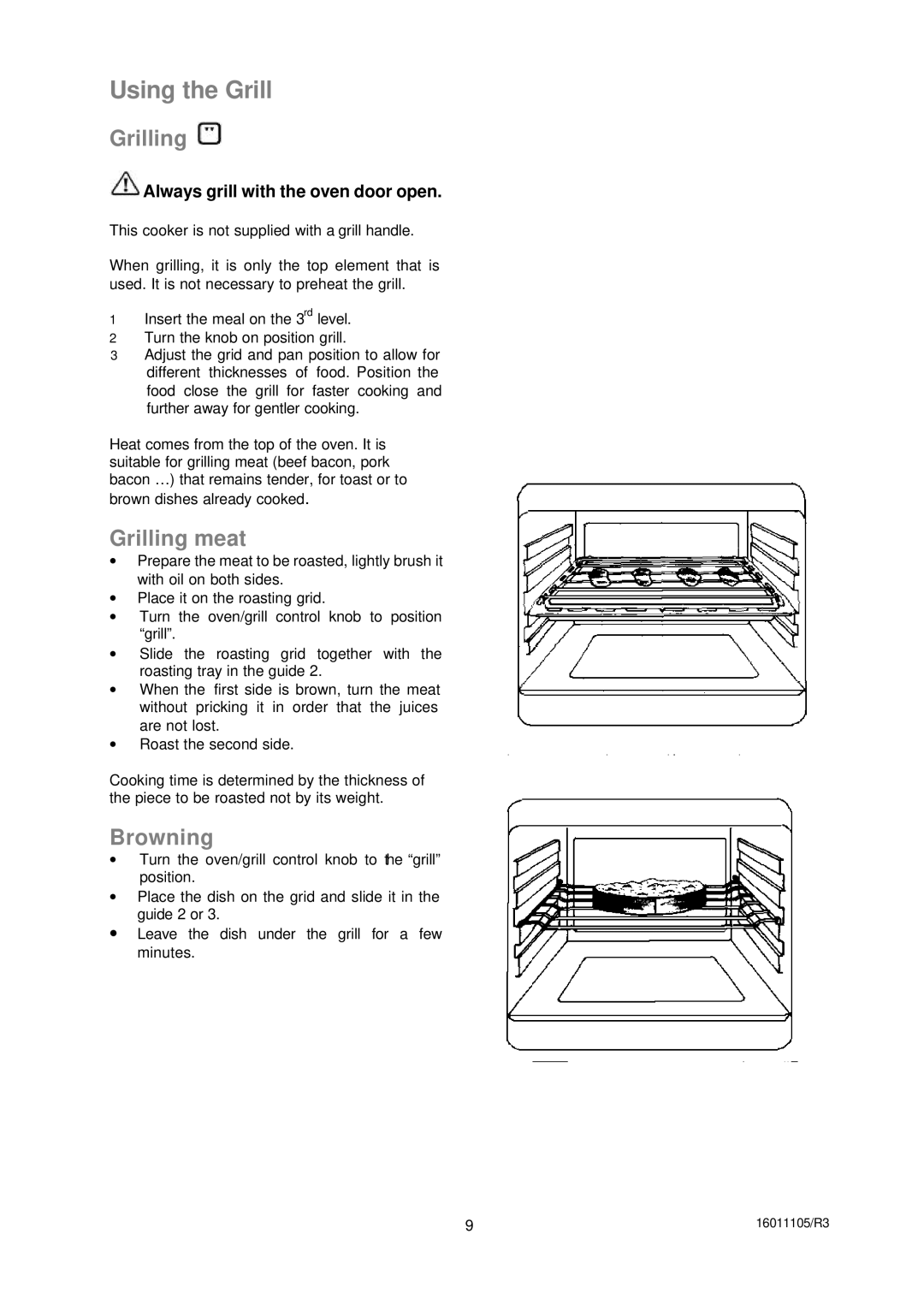 Moffat ESV5060W manual Using the Grill, Grilling meat, Browning, Always grill with the oven door open 