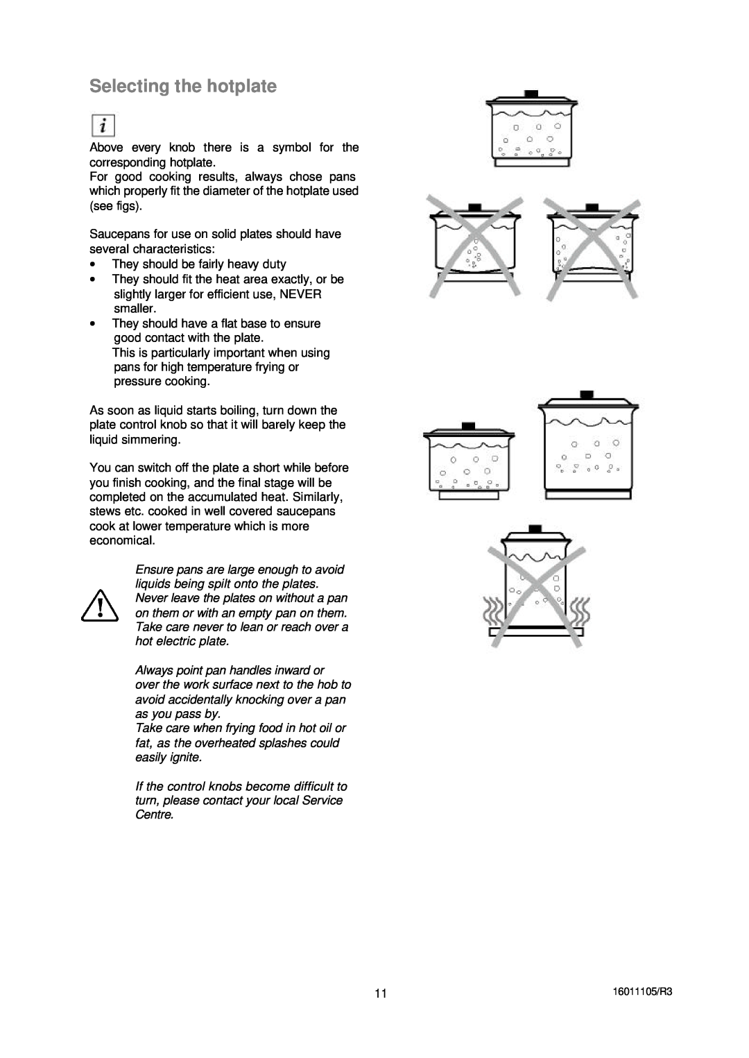 Moffat ESV5060W manual Selecting the hotplate 