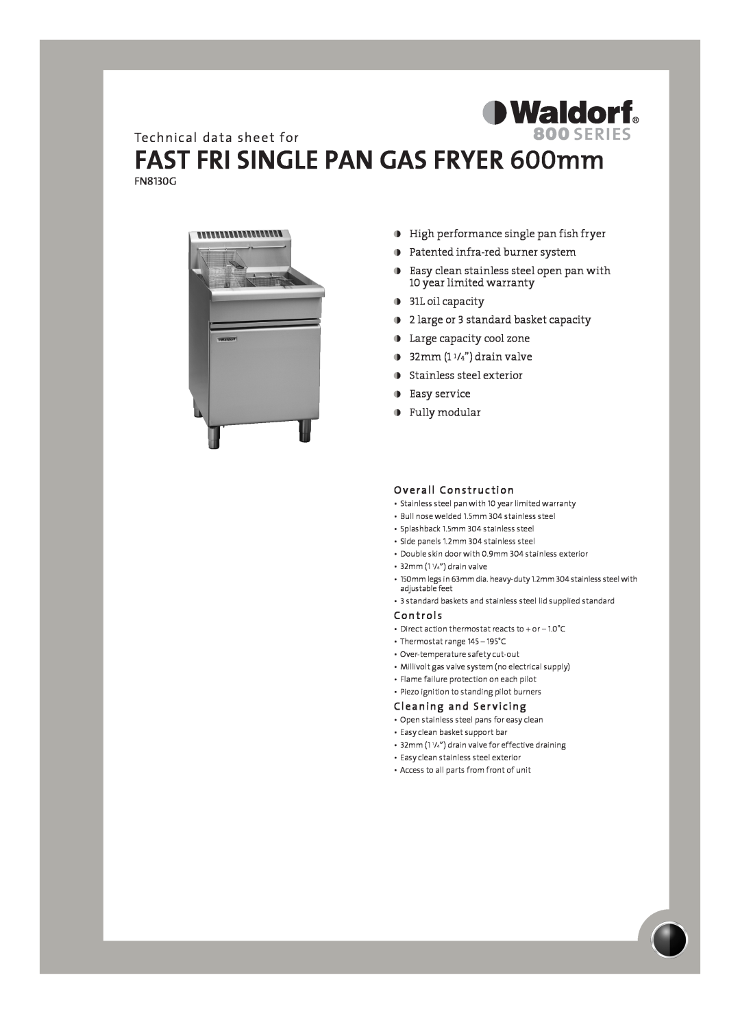 Moffat FN8130G warranty Technical data sheet for, Overall Construction, Controls, Cleaning and Ser vicing 