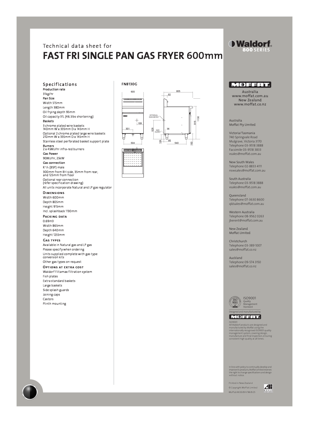 Moffat FN8130G Sp e cif ications, FAST FRI SINGLE PAN GAS FRYER 600mm, Technical data sheet for, Dimensions, Packing data 