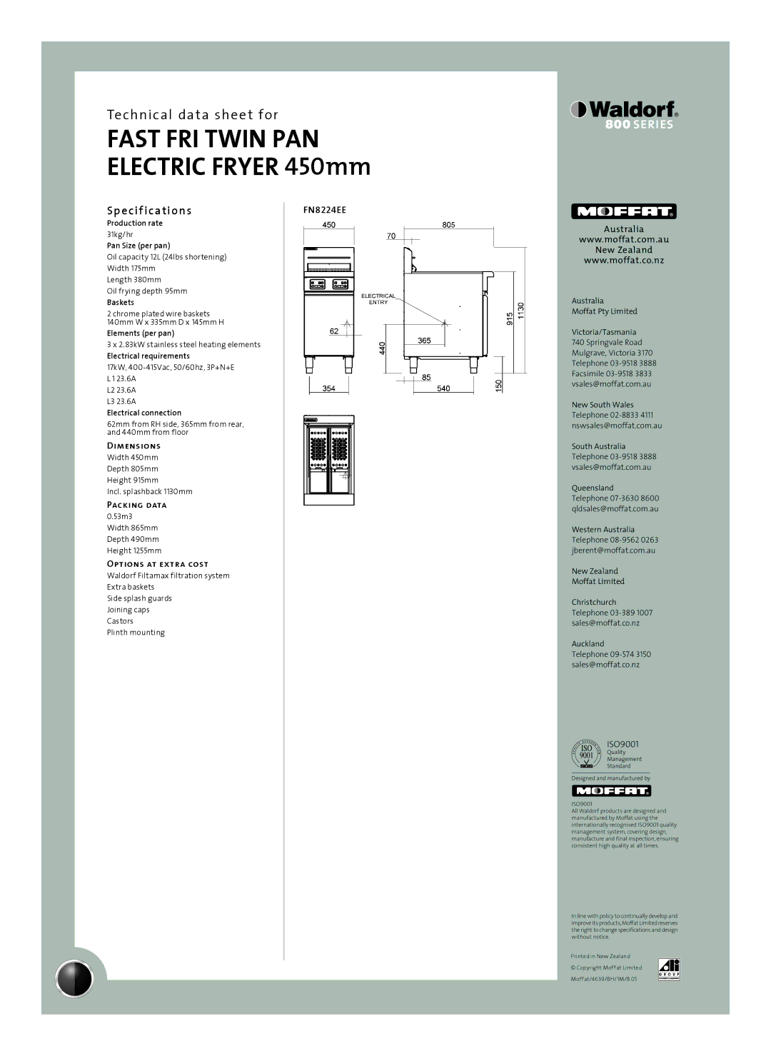 Moffat FN8224EE warranty Sp e cif ications, Dimensions, Packing data, Options at extra cost 