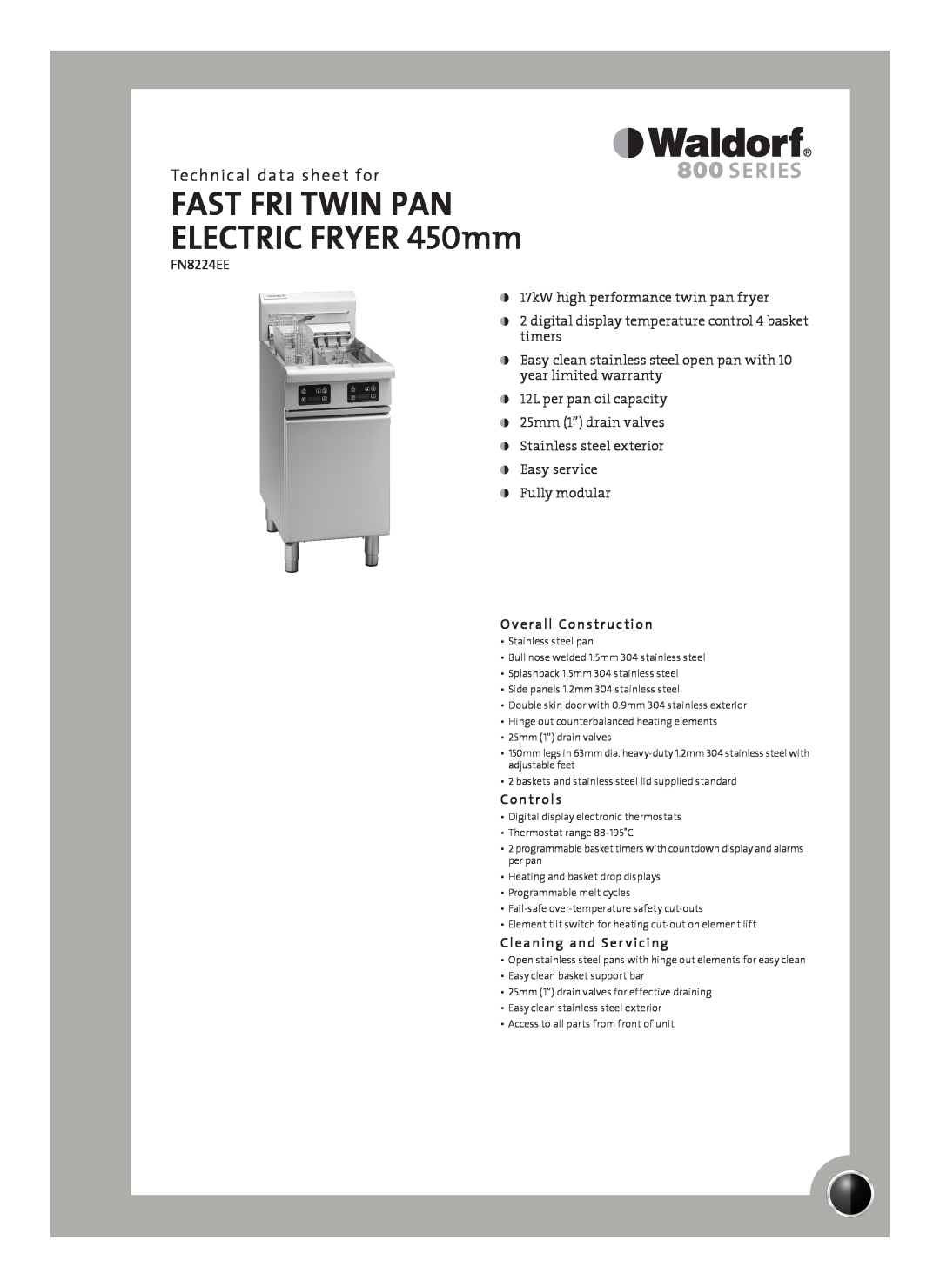 Moffat FN8224EE warranty Technical data sheet for, Overall Construction, Controls, Cleaning and Ser vicing 