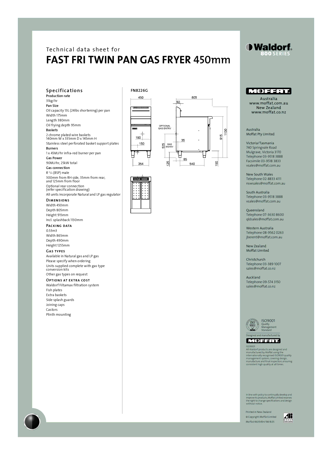 Moffat FN8226GE warranty Sp e cif ications 