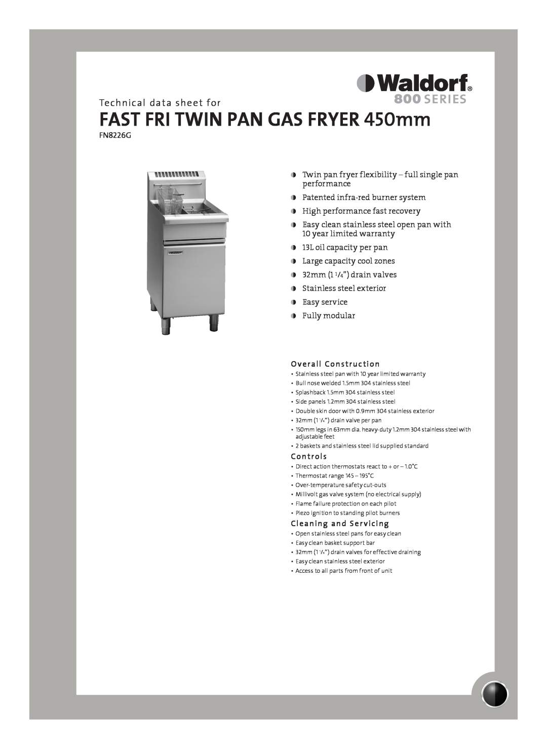 Moffat FN8226GE warranty Technical data sheet for, Overall Construction, Controls, Cleaning and Ser vicing 