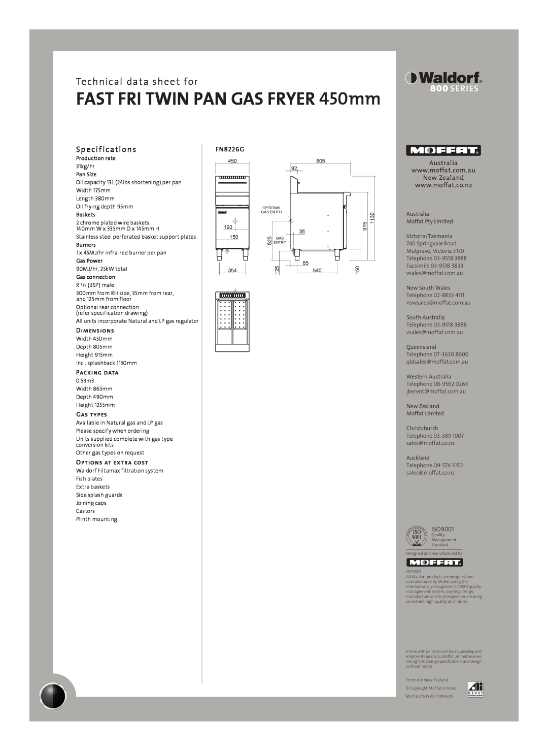 Moffat FN8226GE Sp e cif ications, FAST FRI TWIN PAN GAS FRYER 450mm, Technical data sheet for, Dimensions, Packing data 