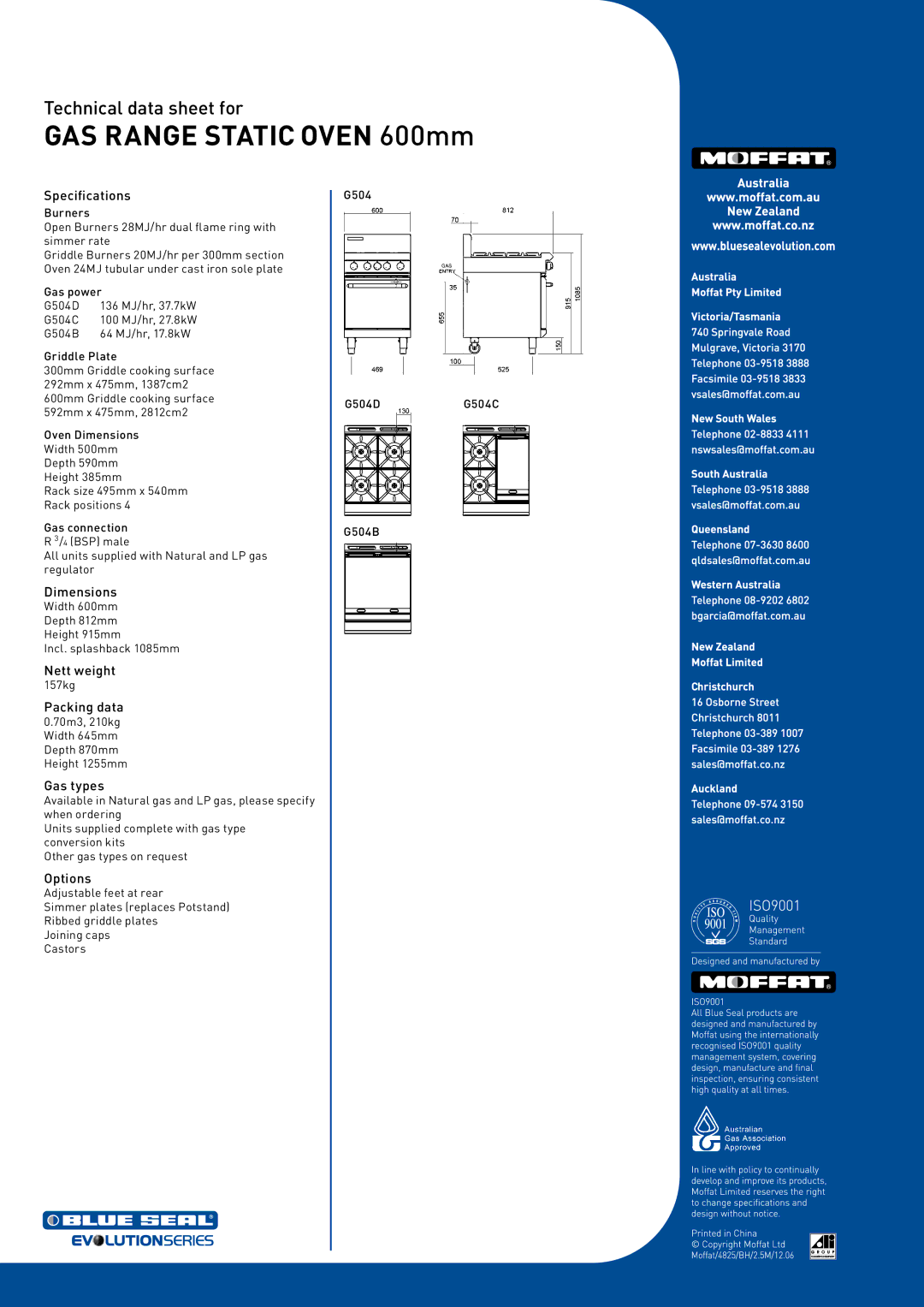 Moffat G504B, G504D, G504C manual Specifications, Dimensions, Nett weight, Packing data, Gas types, Options 