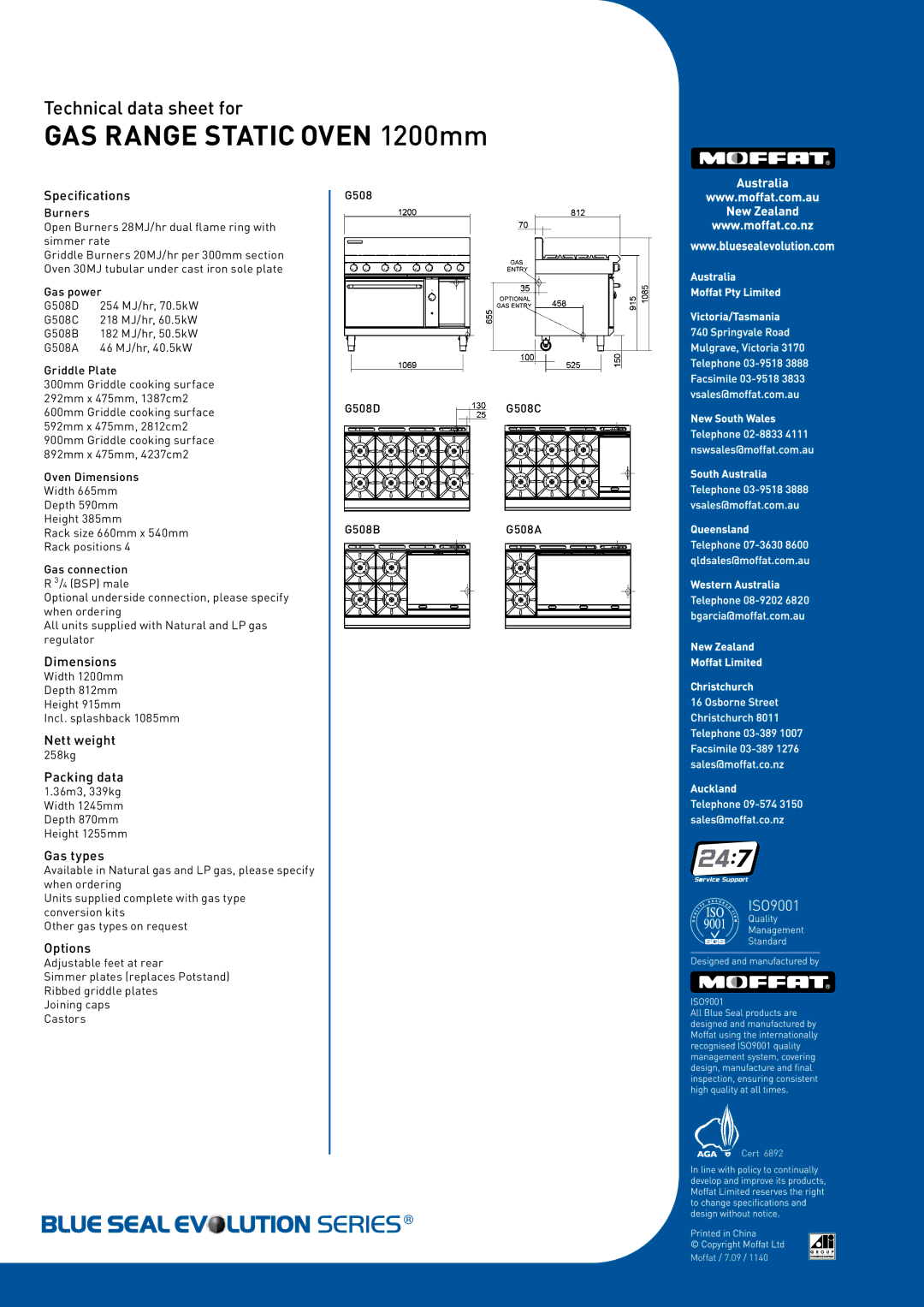 Moffat G508B, G508C, G508D, G508A, 6892 manual Specifications, Dimensions, Nett weight, Packing data, Gas types, Options 