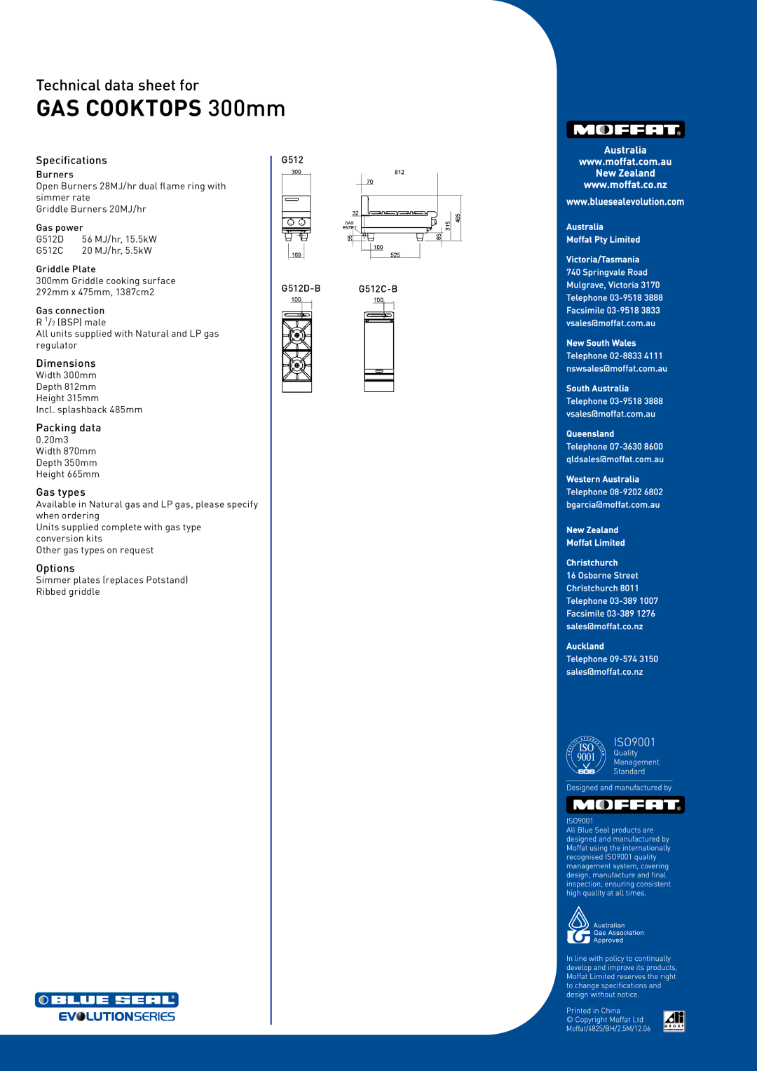 Moffat G512C-B, G512D-B manual Specifications, Dimensions, Packing data, Gas types, Options 