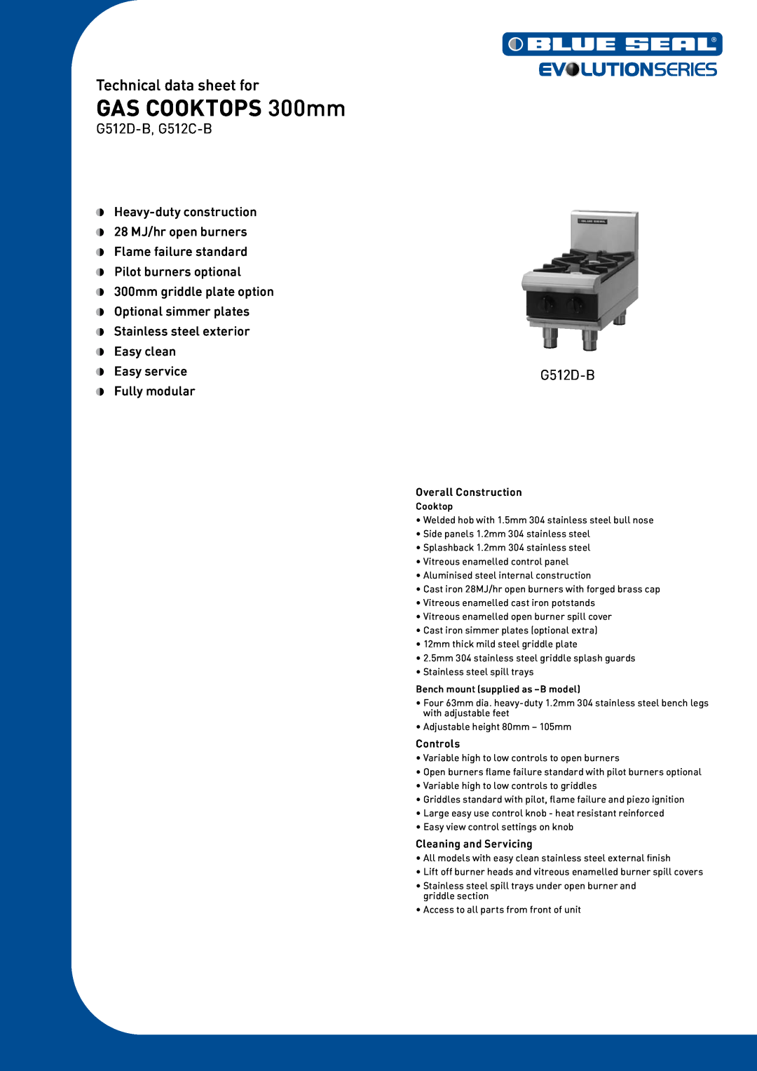 Moffat G512D-B manual GAS COOKTOPS 300mm, Technical data sheet for, Overall Construction, Controls, Cleaning and Servicing 