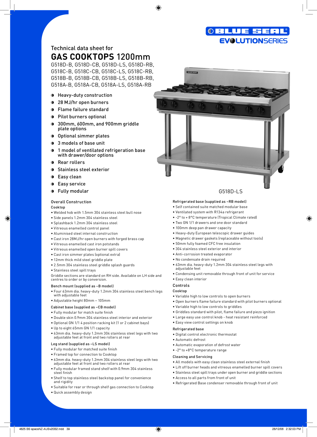 Moffat G518C-RB, G518D-RB manual GAS COOKTOPS 1200mm, Technical data sheet for, Overall Construction, Controls, G518D-LS 